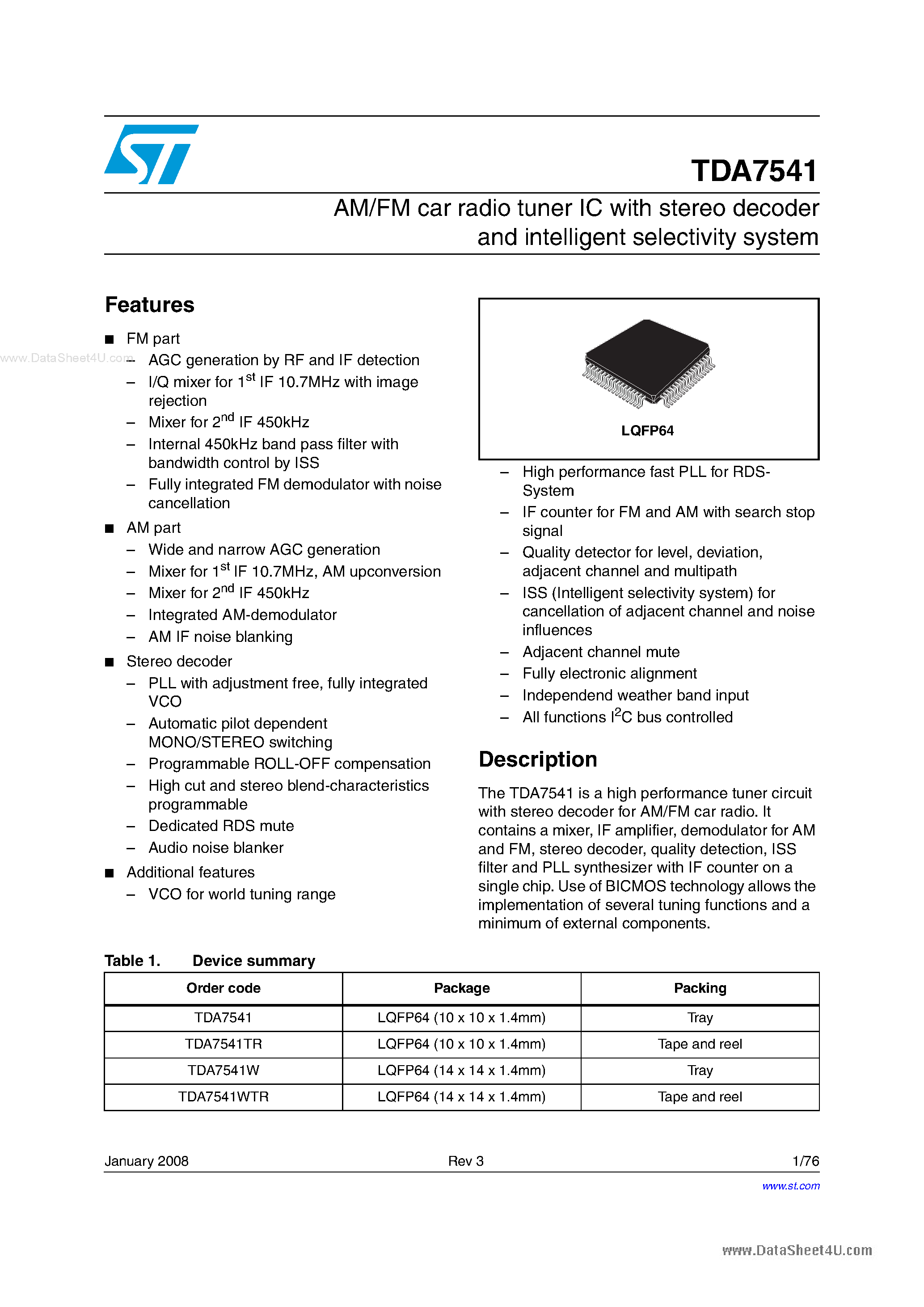 Datasheet TDA7541 - AM/FM Car Radio Tuner IC page 1
