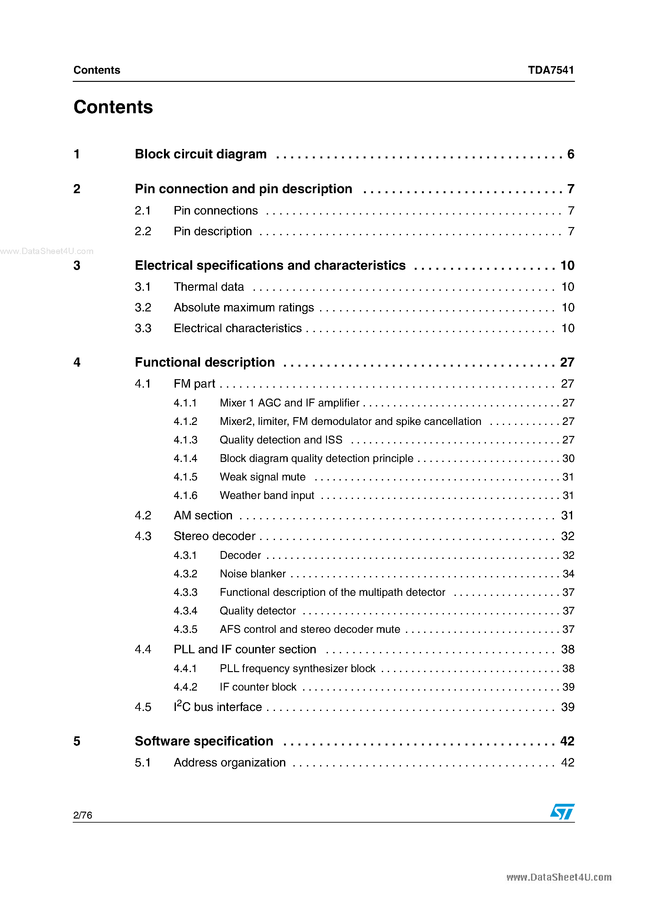 Datasheet TDA7541 - AM/FM Car Radio Tuner IC page 2