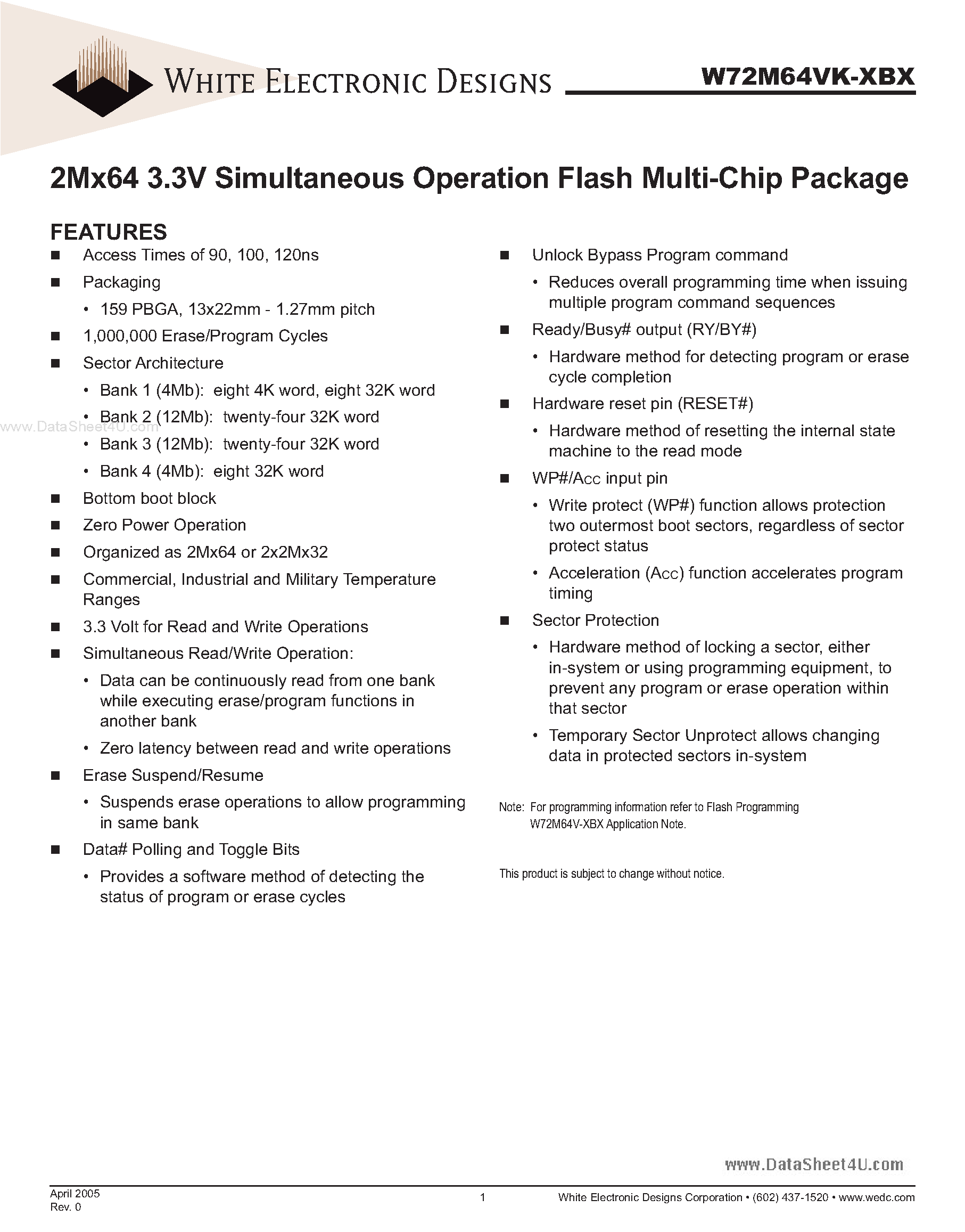 Даташит W72M64VK-XBX - 2Mx64 3.3V Simultaneous Operation Flash Multi-Chip Package страница 1
