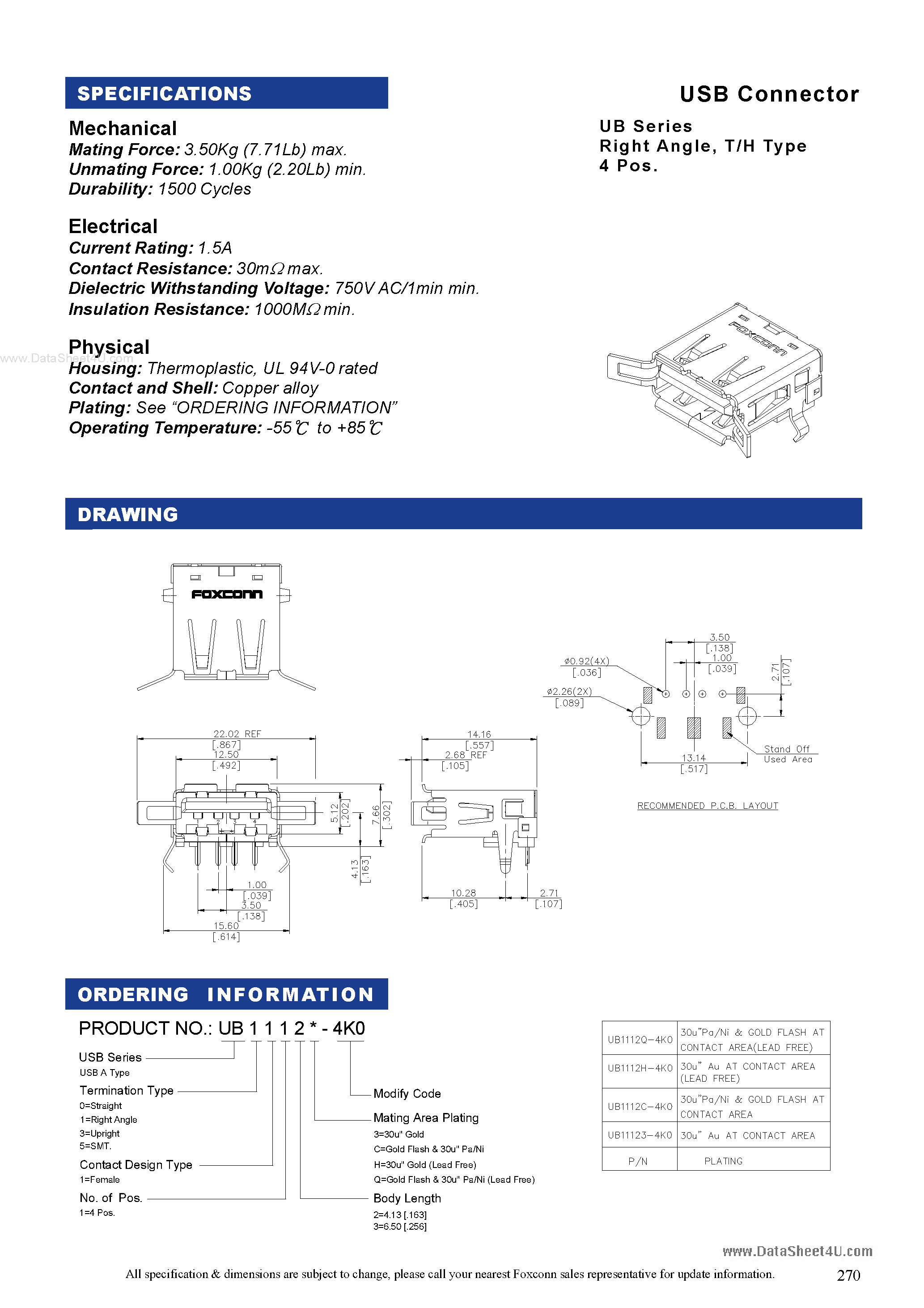 Даташит на микросхему UB11122 страница 1 Даташит UB11122 - USB Connector страница 1