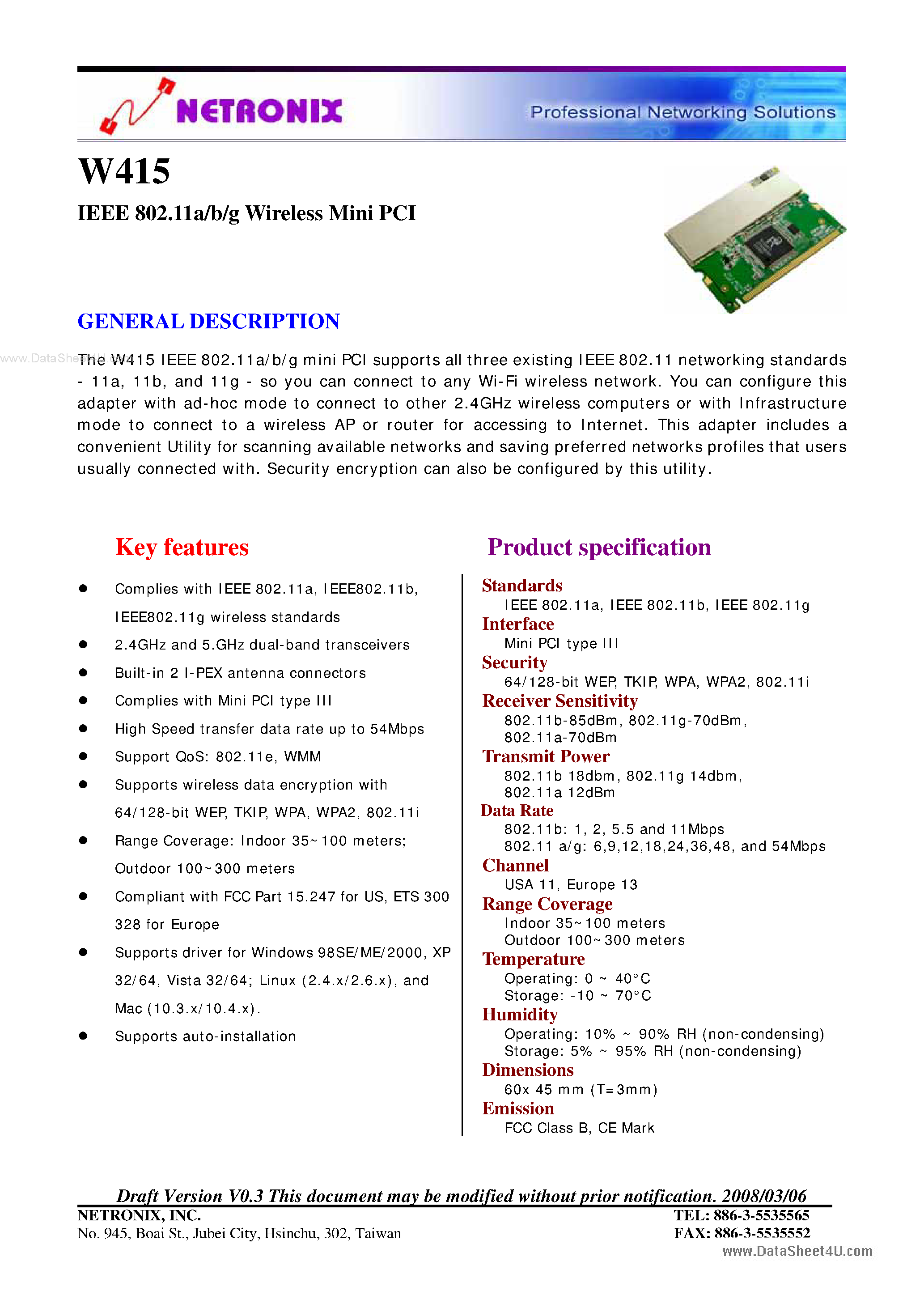 Datasheet W415 - IEEE 802.11a/b/g Wireless Mini PCI page 1