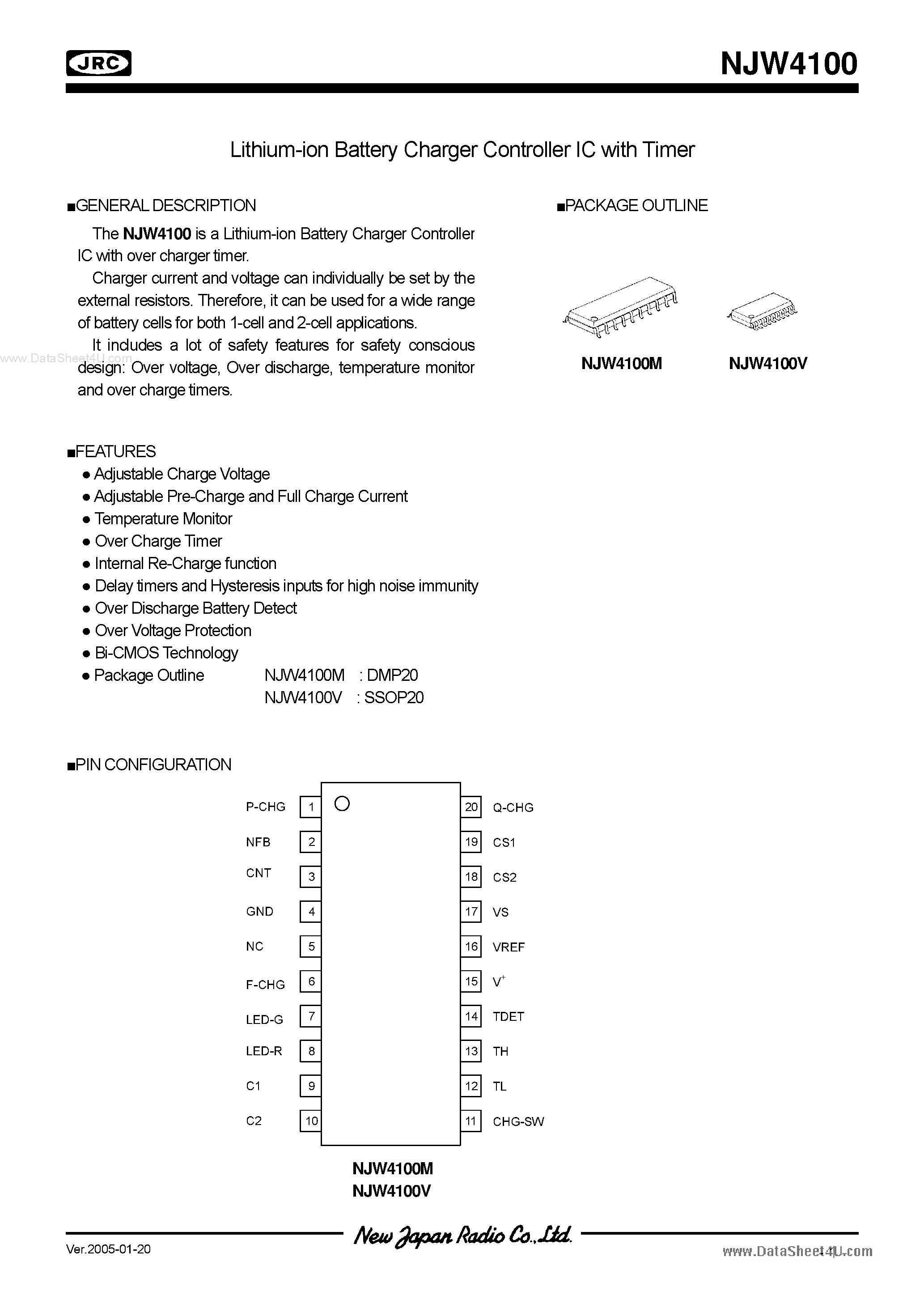 Datasheet NJW4100 page 1 Datasheet NJW4100 - Lithium-ion Battery Charger Controller IC page 1