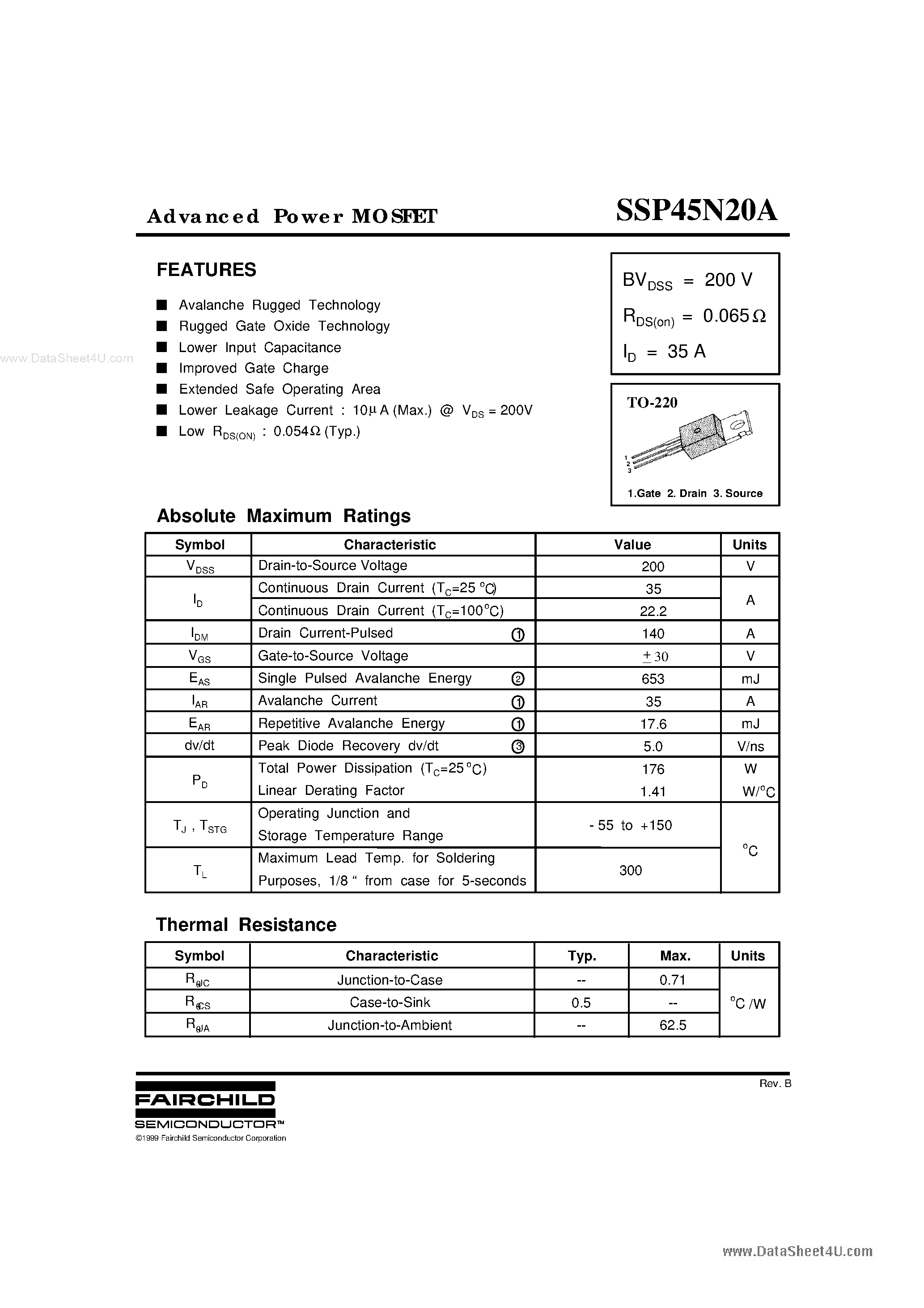 Datasheet SSP45N20A - advanced power MOSFET page 1