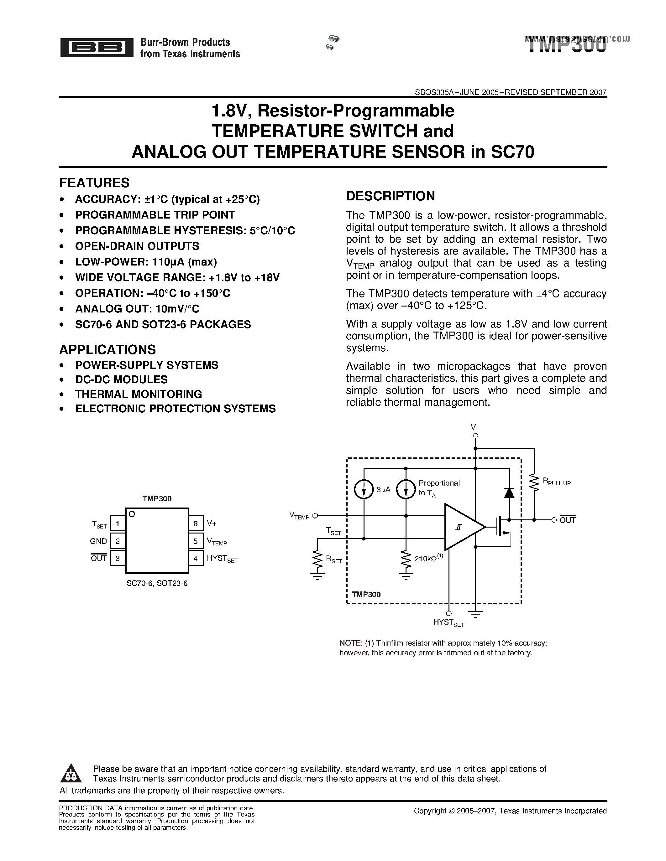 Даташит TMP300 - Resistor-Programmable TEMPERATURE SWITCH страница 1