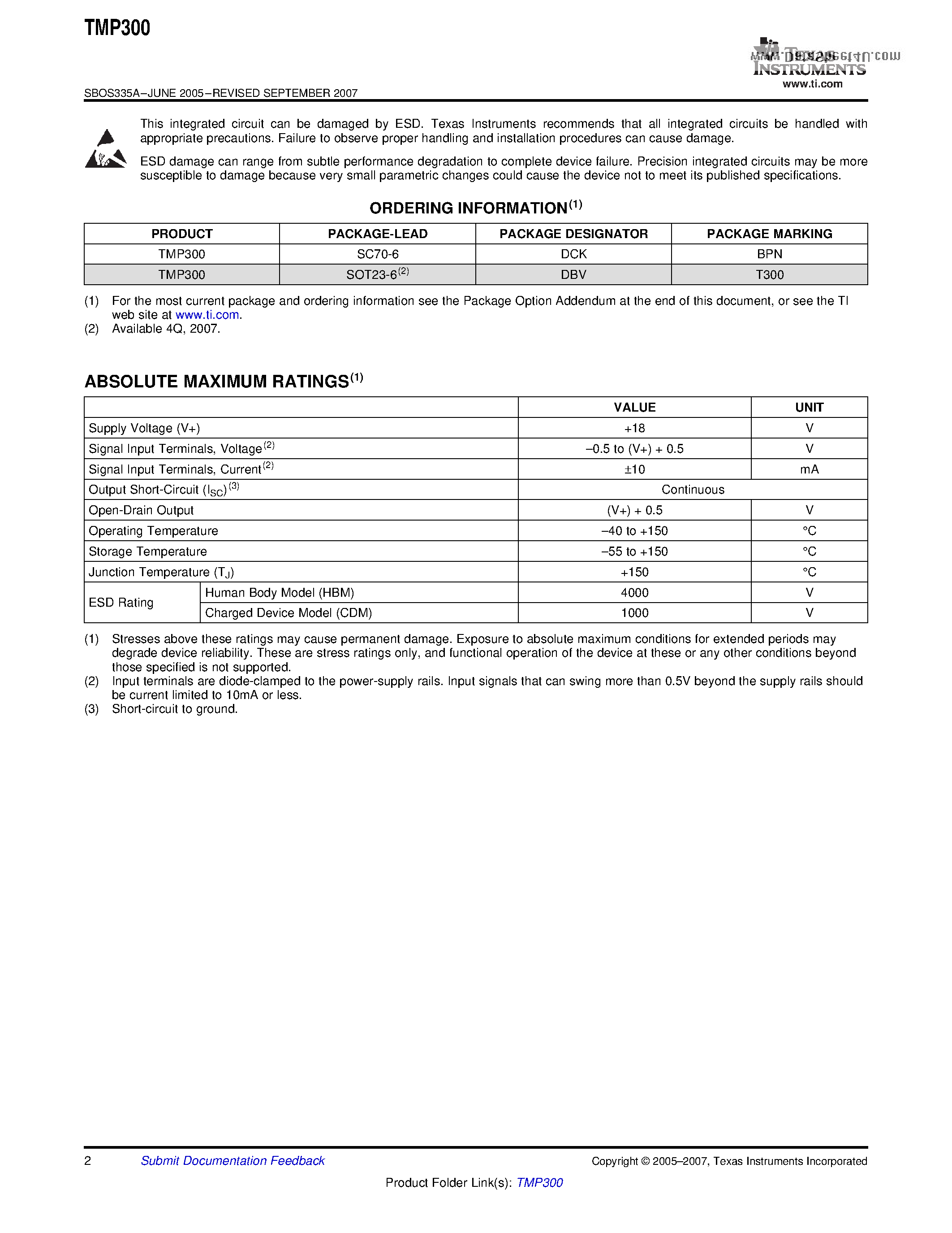 Даташит TMP300 - Resistor-Programmable TEMPERATURE SWITCH страница 2