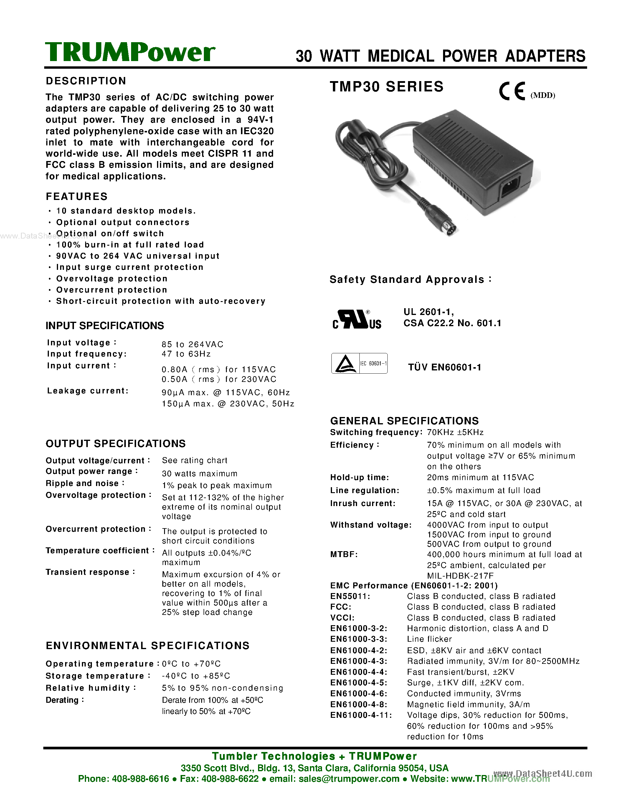 Даташит TMP30 - 30W Medical Power Adapters страница 1