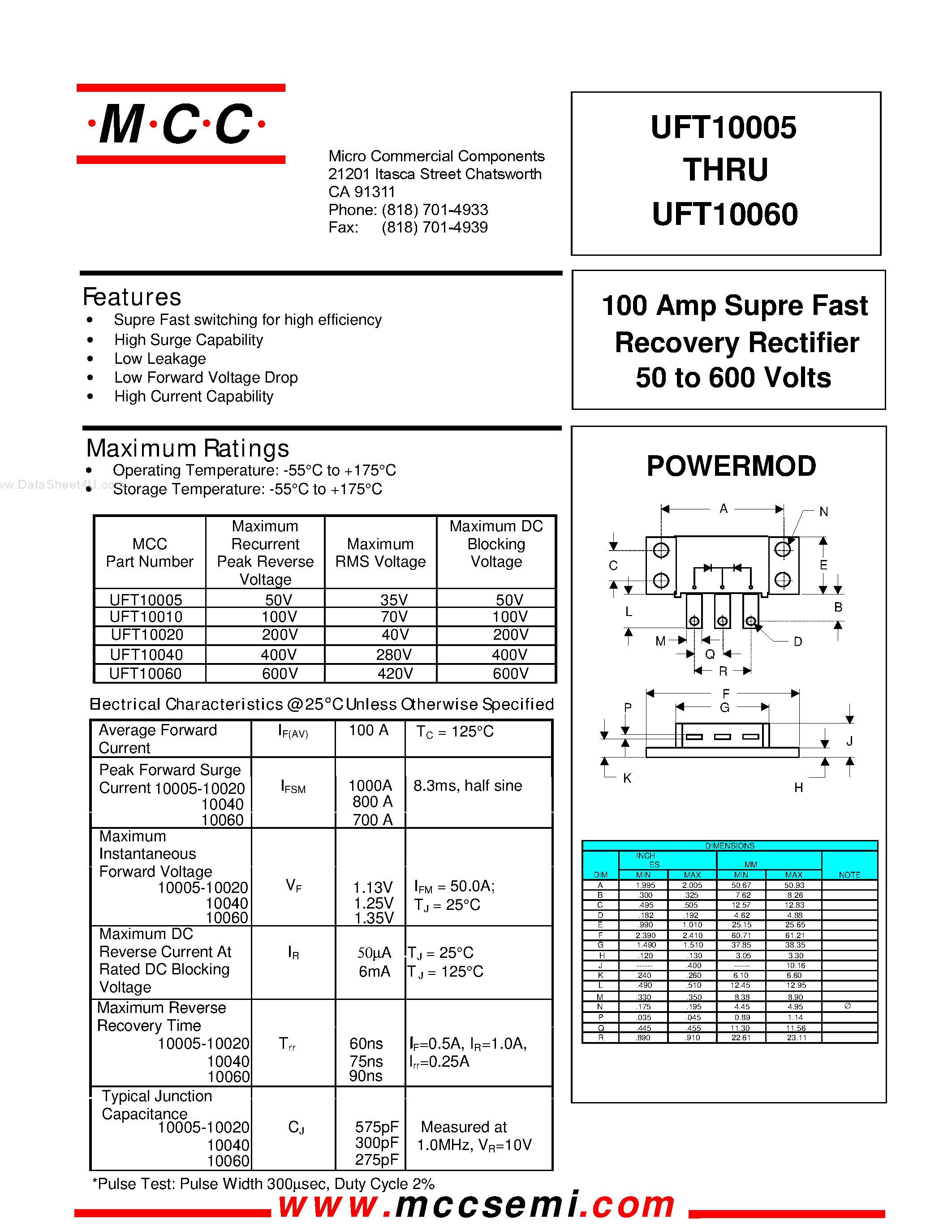 Datasheet UFT100xx page 1 Datasheet UFT100xx - 100 Amp Supre Fast Recovery Rectifier page 1