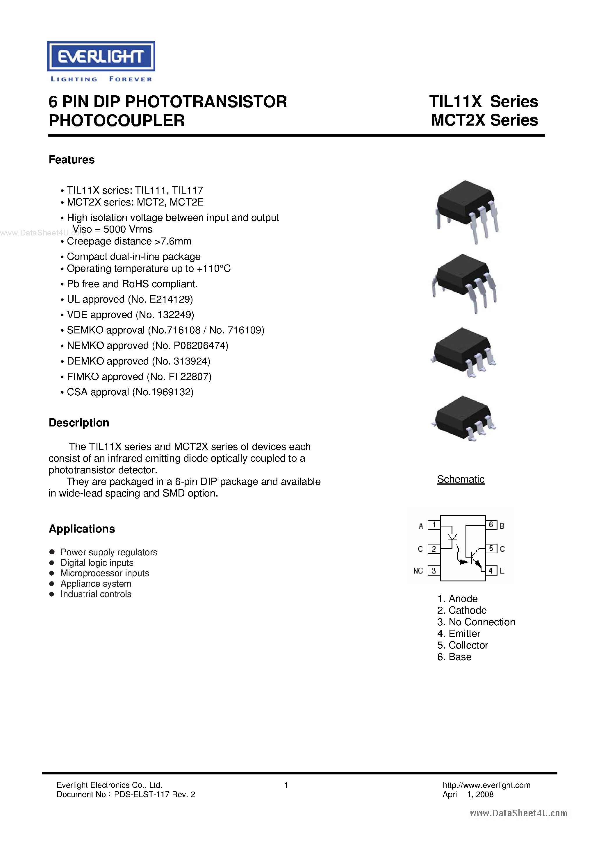 Datasheet TIL111 - (TIL11x) 6 PIN DIP PHOTOTRANSISTOR PHOTOCOUPLER page 1