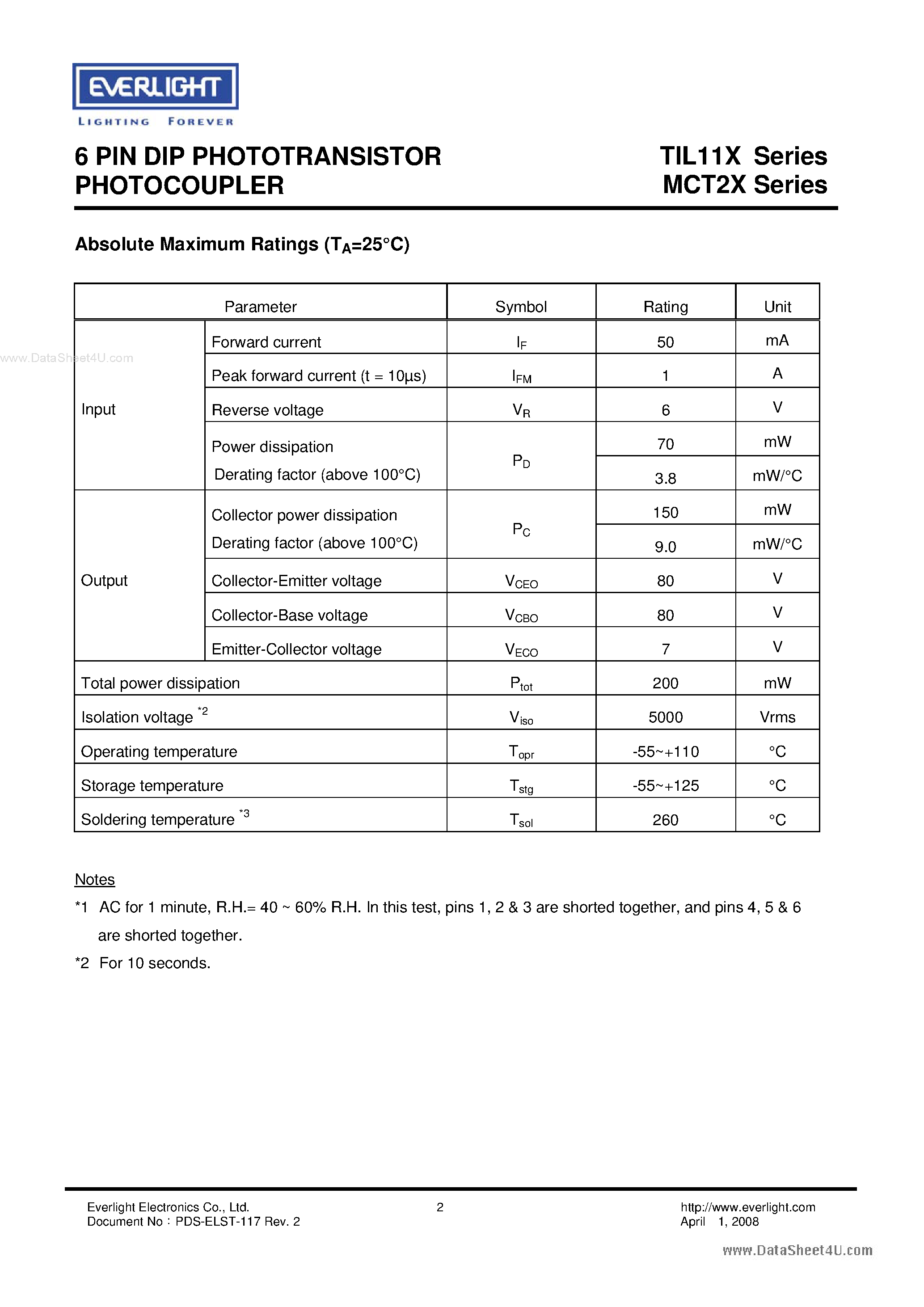 Datasheet TIL111 - (TIL11x) 6 PIN DIP PHOTOTRANSISTOR PHOTOCOUPLER page 2