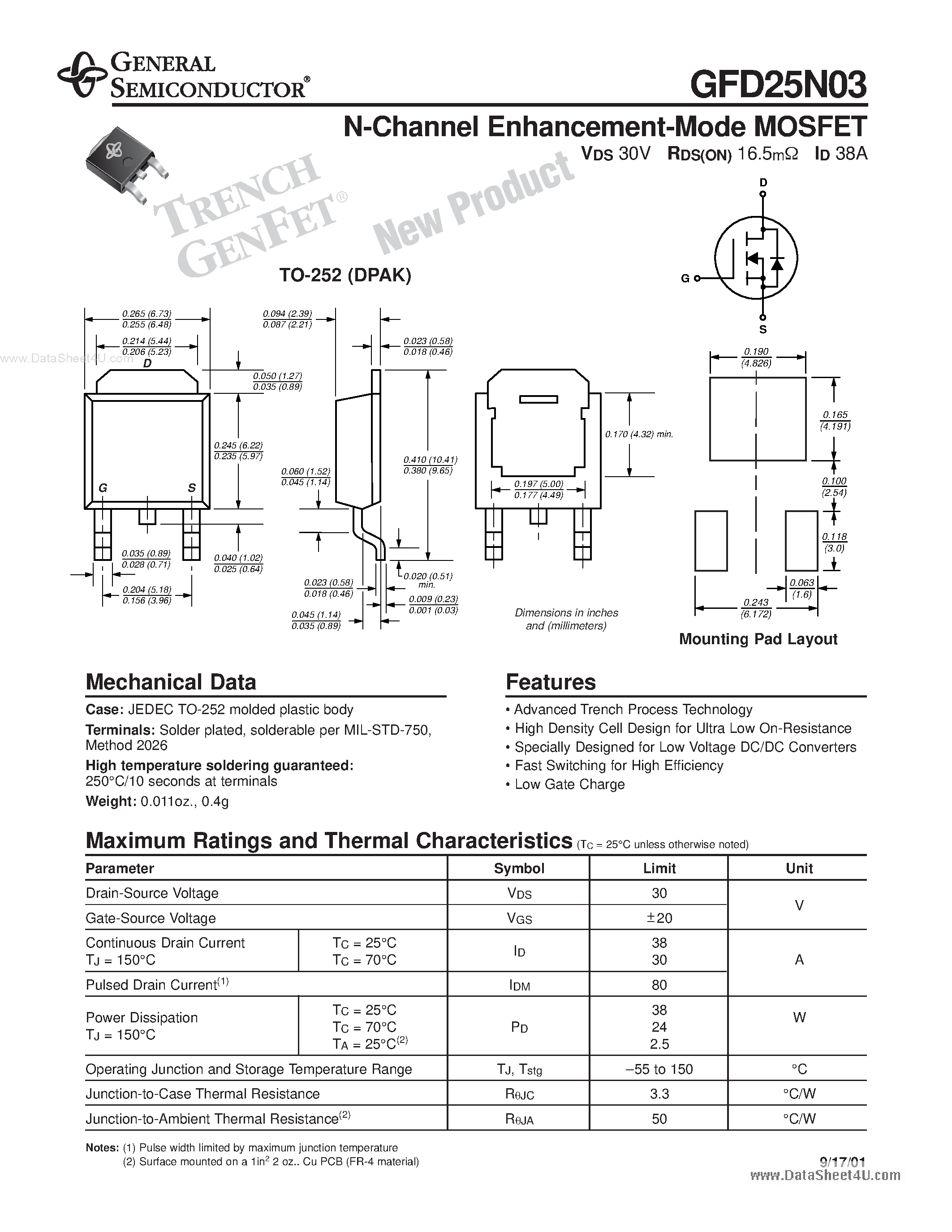 Datasheet GFD25N03 - N-Channel Enhancement Mode MOSFET page 1