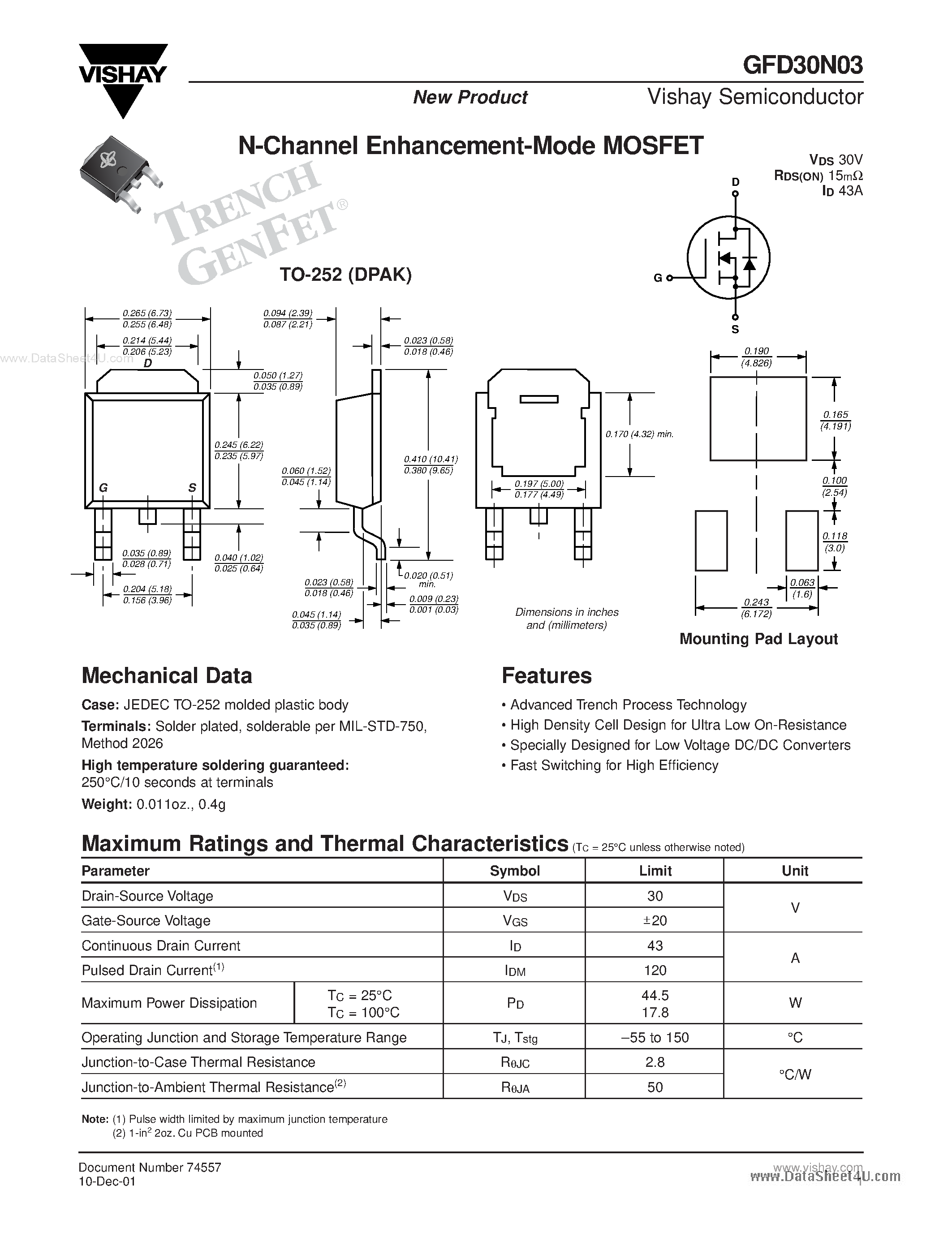 Datasheet GFD30N03 - N-Channel Enhancement Mode MOSFET page 1