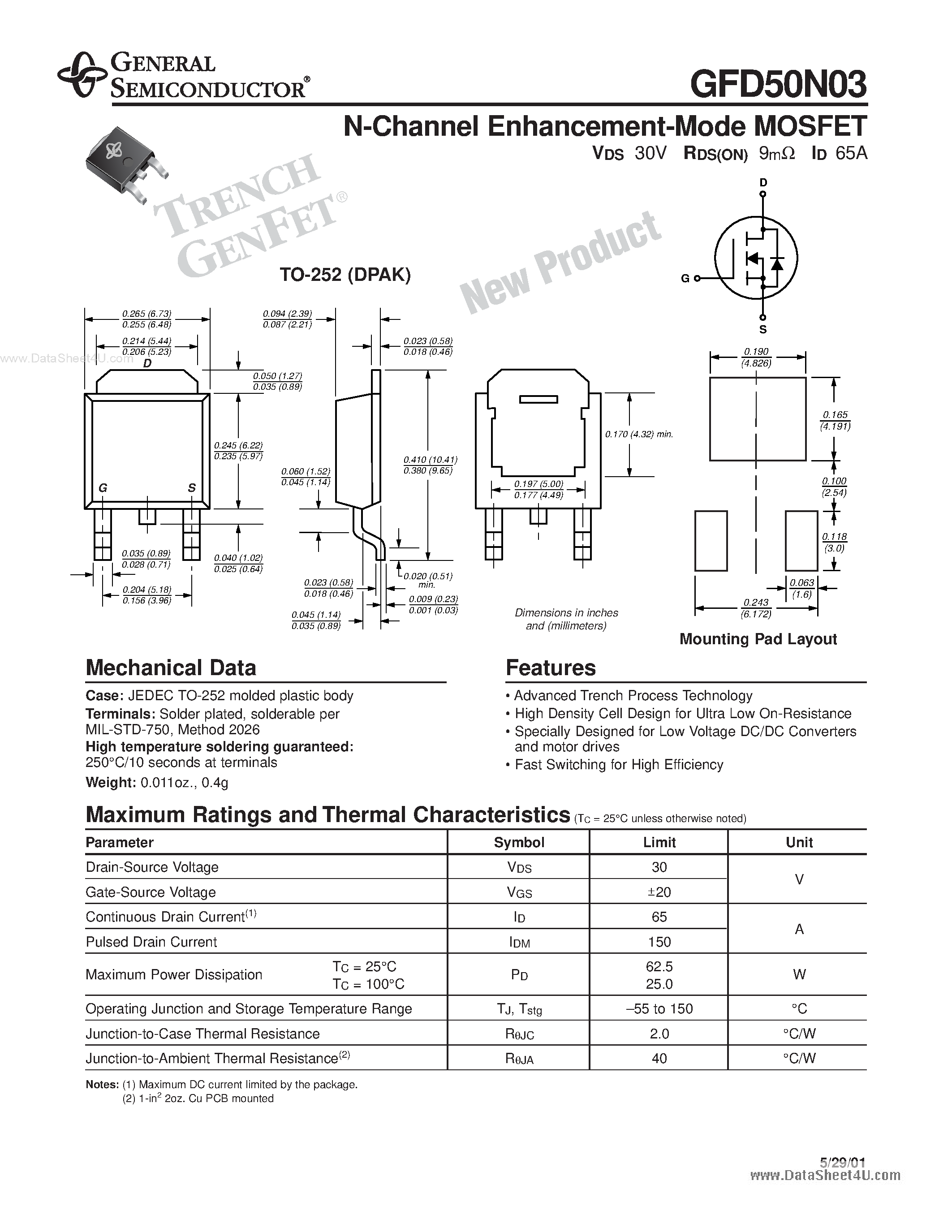 Datasheet GFD50N03 - N-Channel Enhancement Mode MOSFET page 1