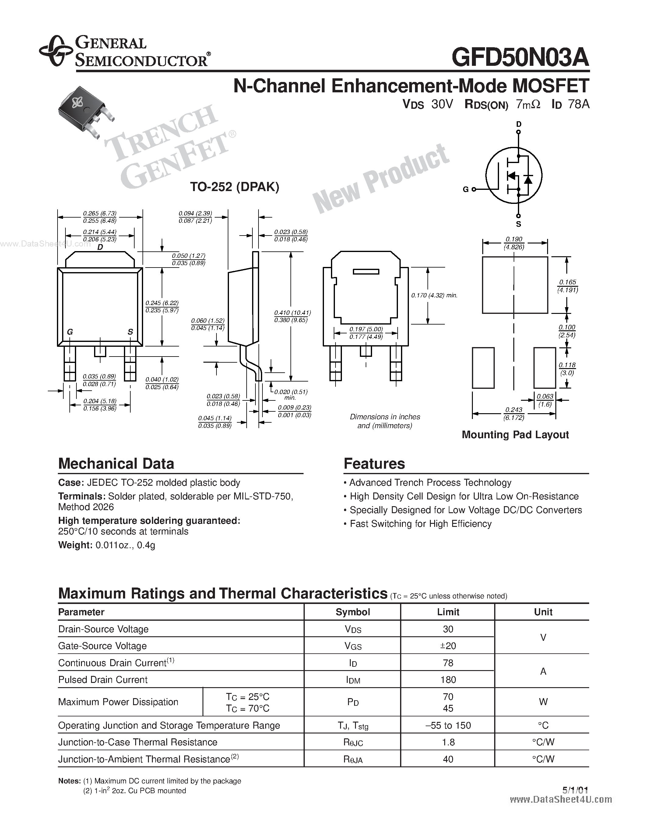 Datasheet GFD50N03A page 1 Datasheet GFD50N03A - N-Channel Enhancement Mode MOSFET page 1