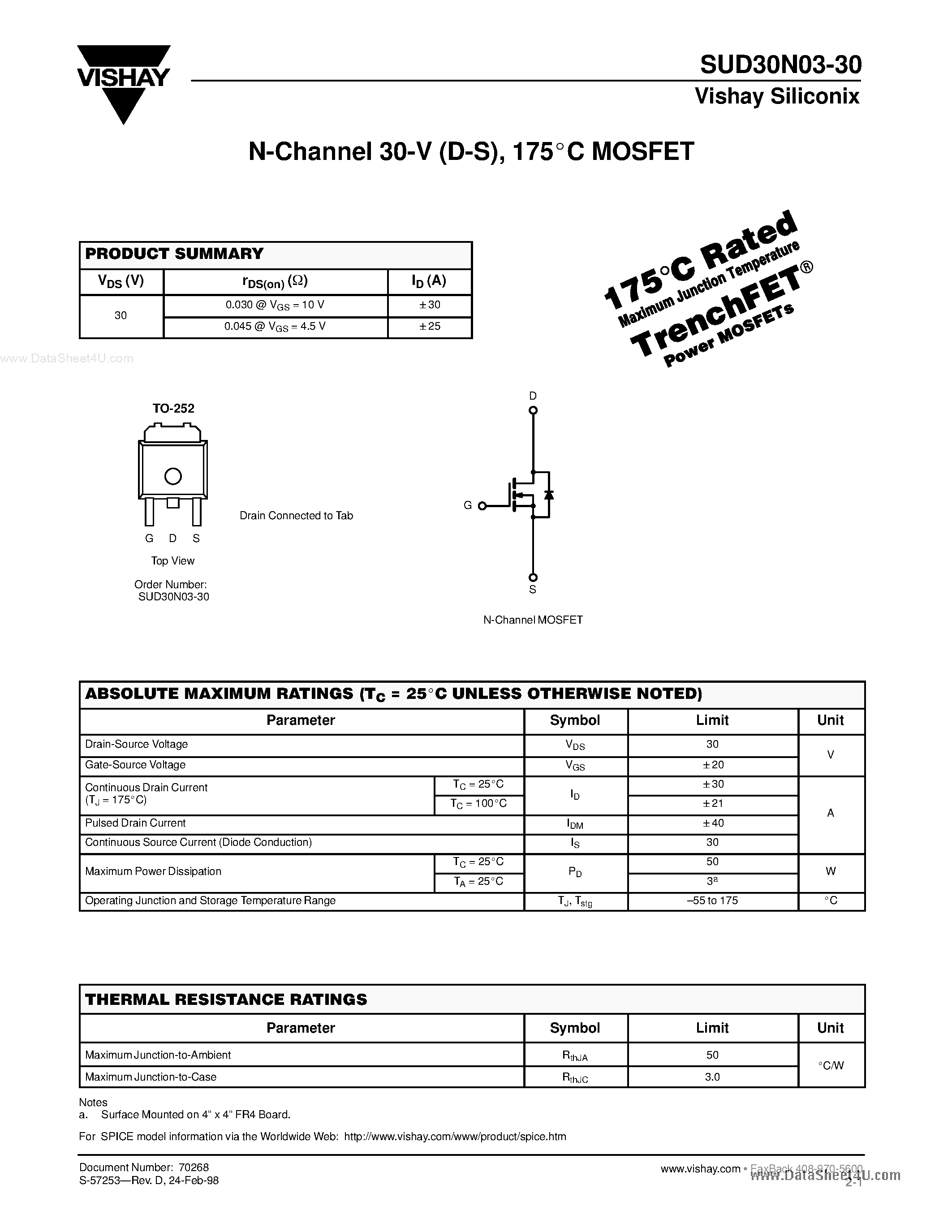 Datasheet SUD30N03-30 page 1 Datasheet SUD30N03-30 - N-Channel MOSFET page 1
