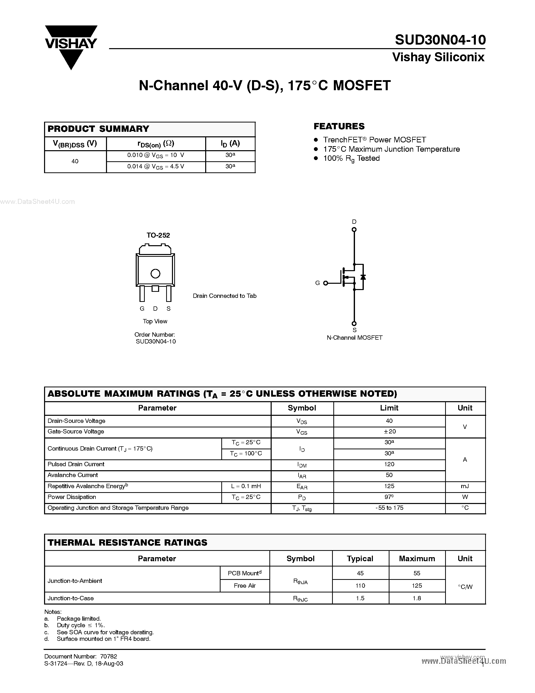 Datasheet SUD30N04-10 page 1 Datasheet SUD30N04-10 - N-Channel MOSFET page 1
