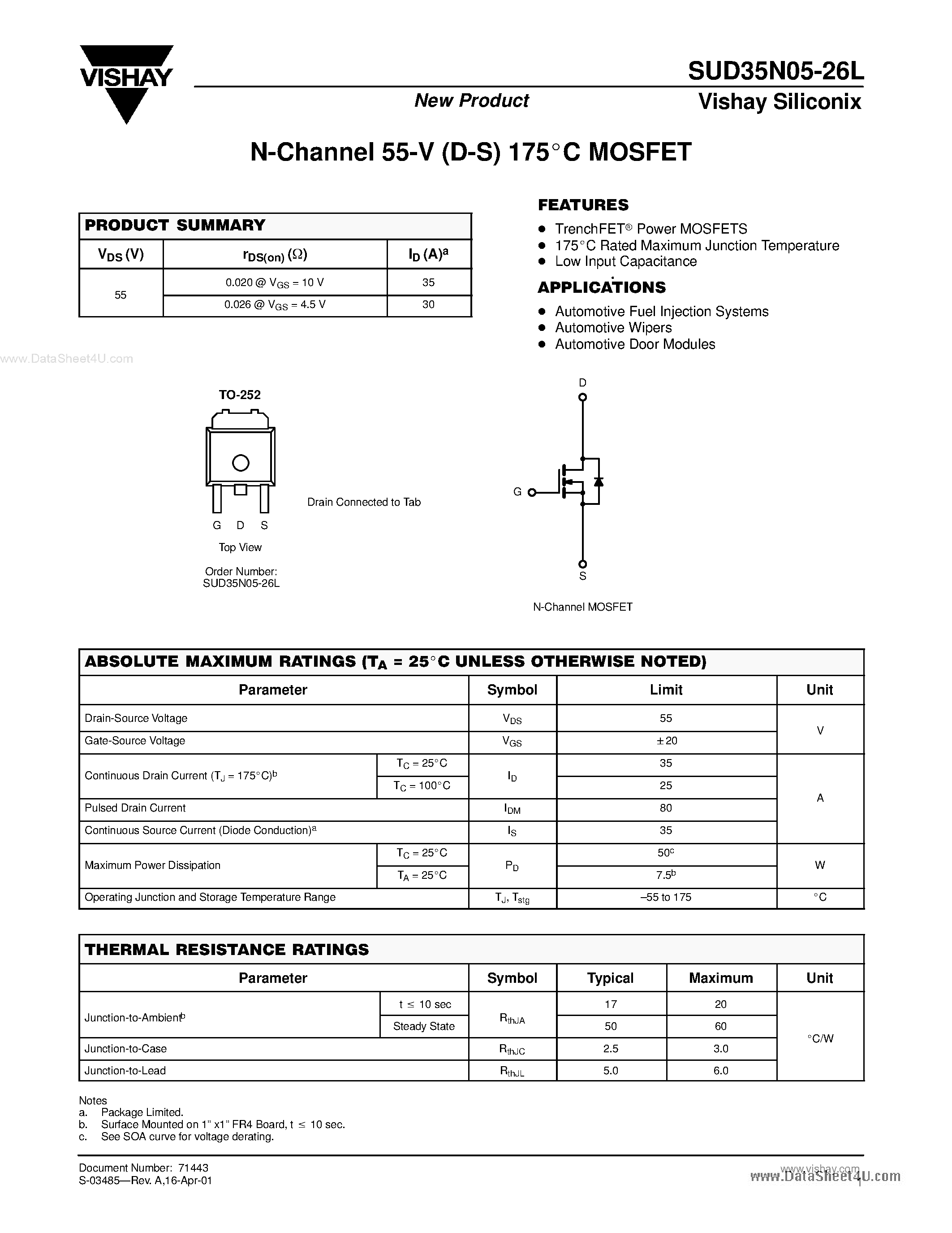 Datasheet SUD35N05-26L - N-Channel MOSFET page 1