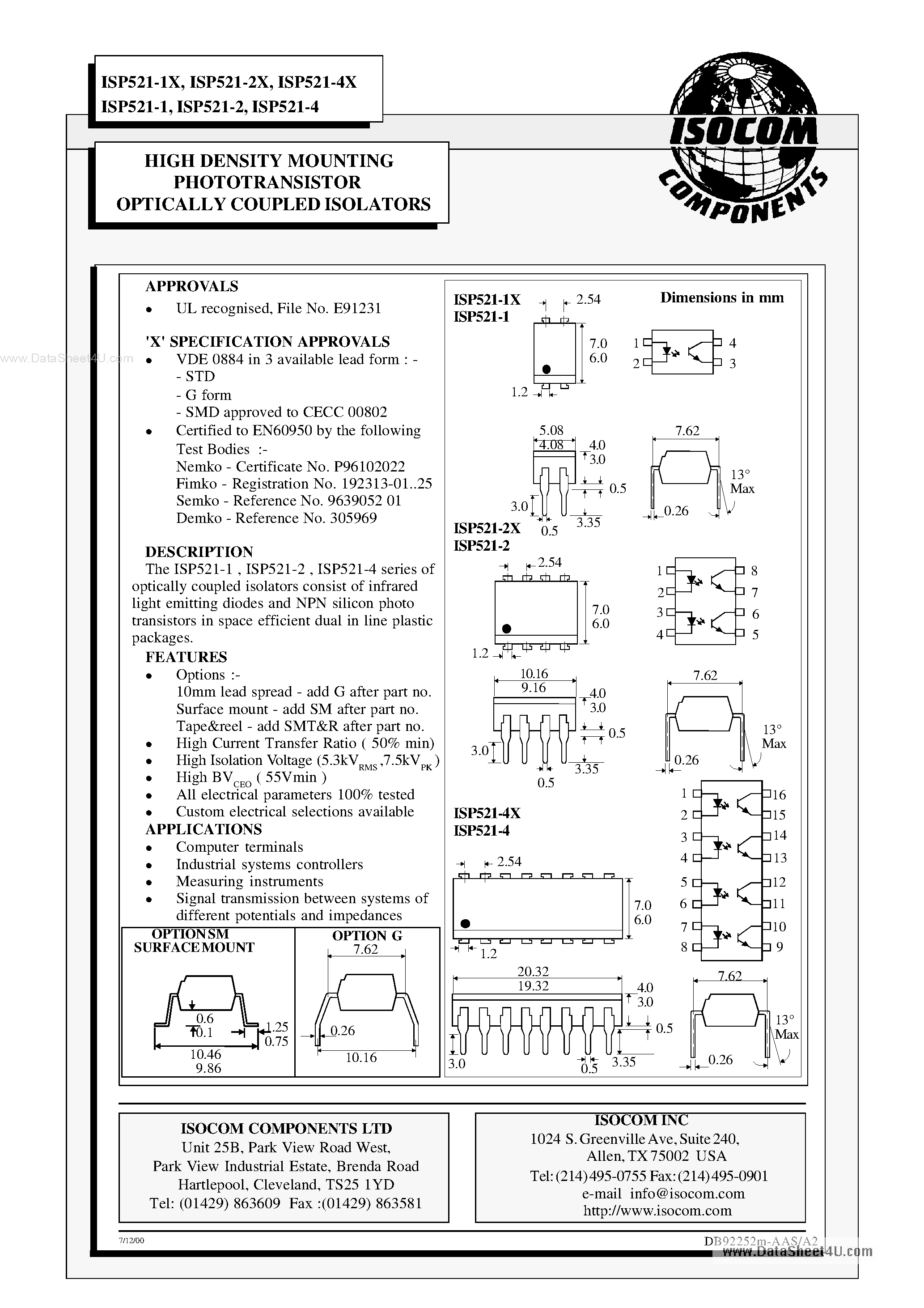 Даташит ISP521-1 - (ISP521-x) HIGH DENSITY MOUNTING PHOTOTRANSISTOR OPTICALLY COUPLED ISOLATORS страница 1