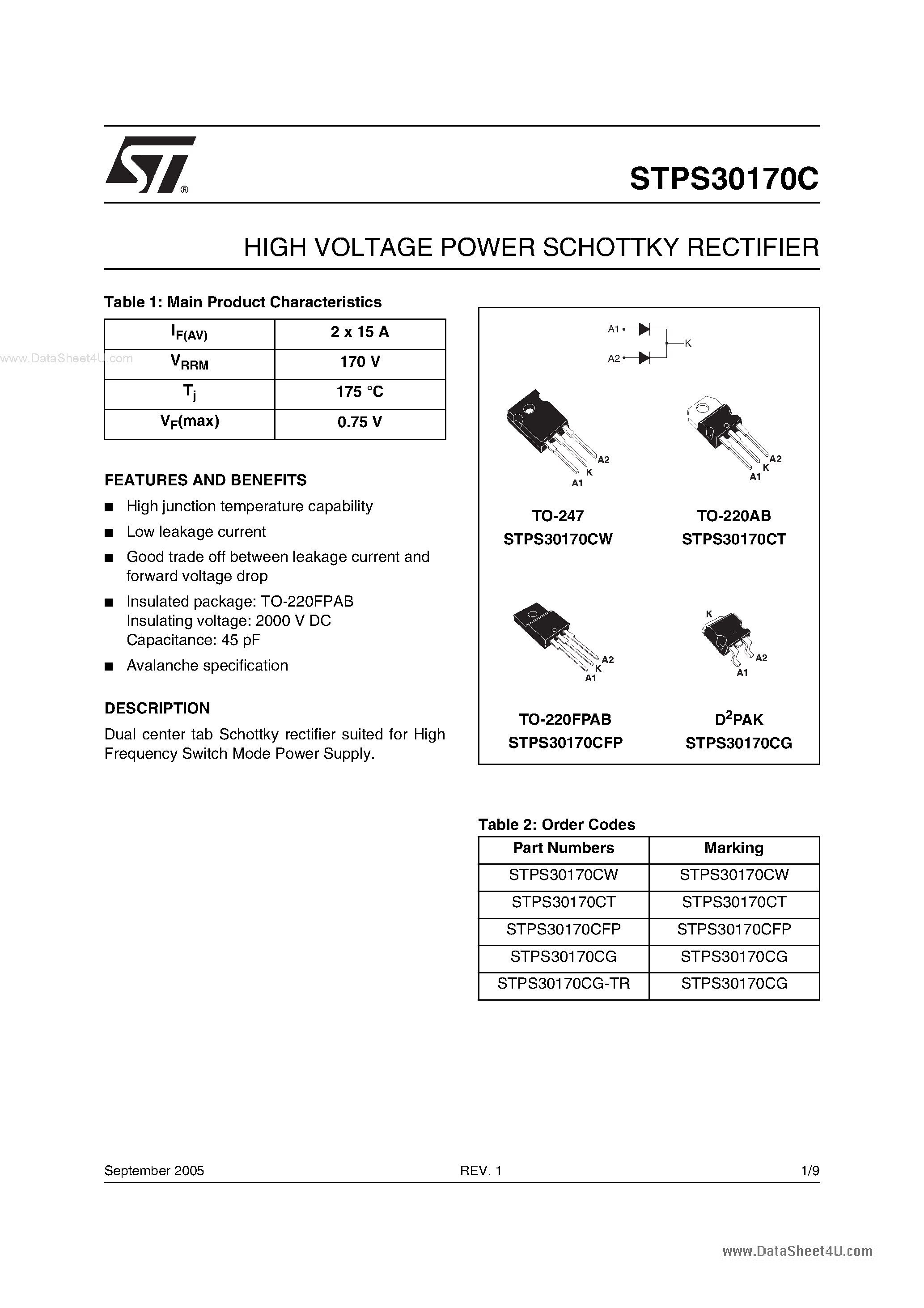 Datasheet STPS30170C - High Voltage Power Schottky Rectifier page 1