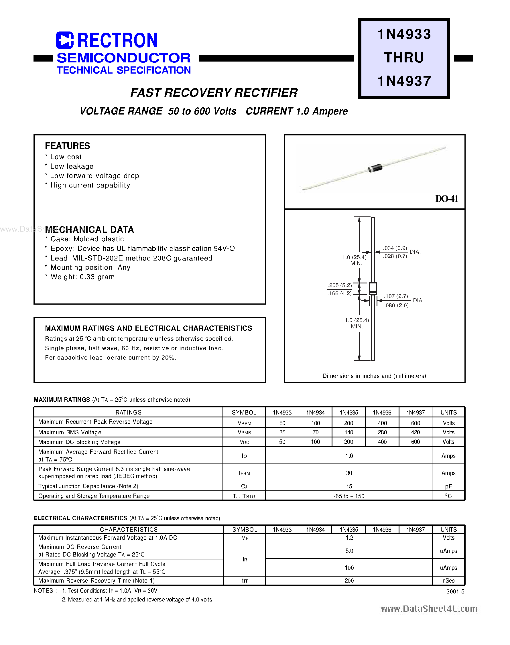 Datasheet IN4933 page 1 Datasheet IN4933 - (IN4933 - IN4937) FAST RECOVERY RECTIFIER page 1