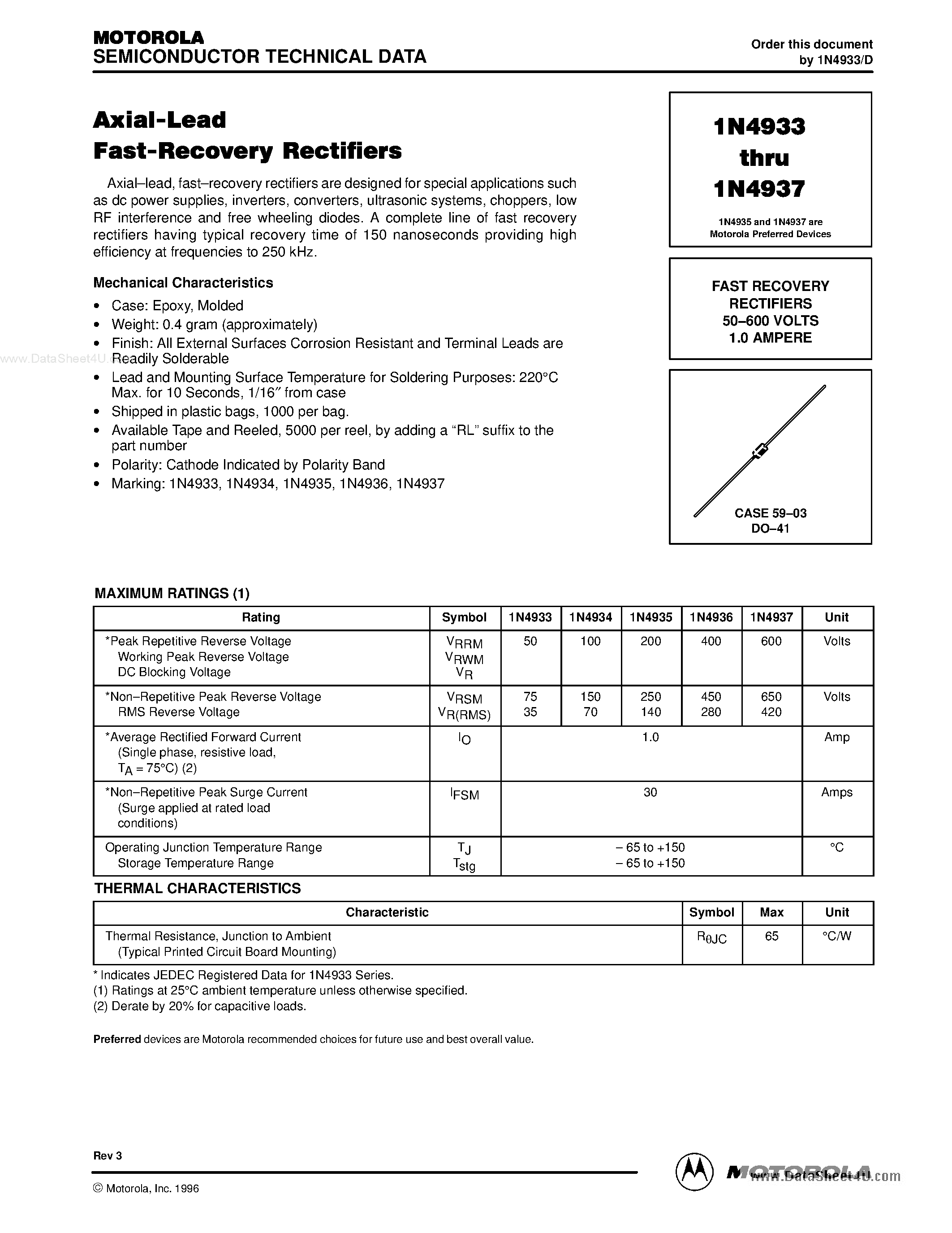 Datasheet IN4933 page 1 Datasheet IN4933 - (IN4933 - IN4937) FAST RECOVERY RECTIFIERS page 1