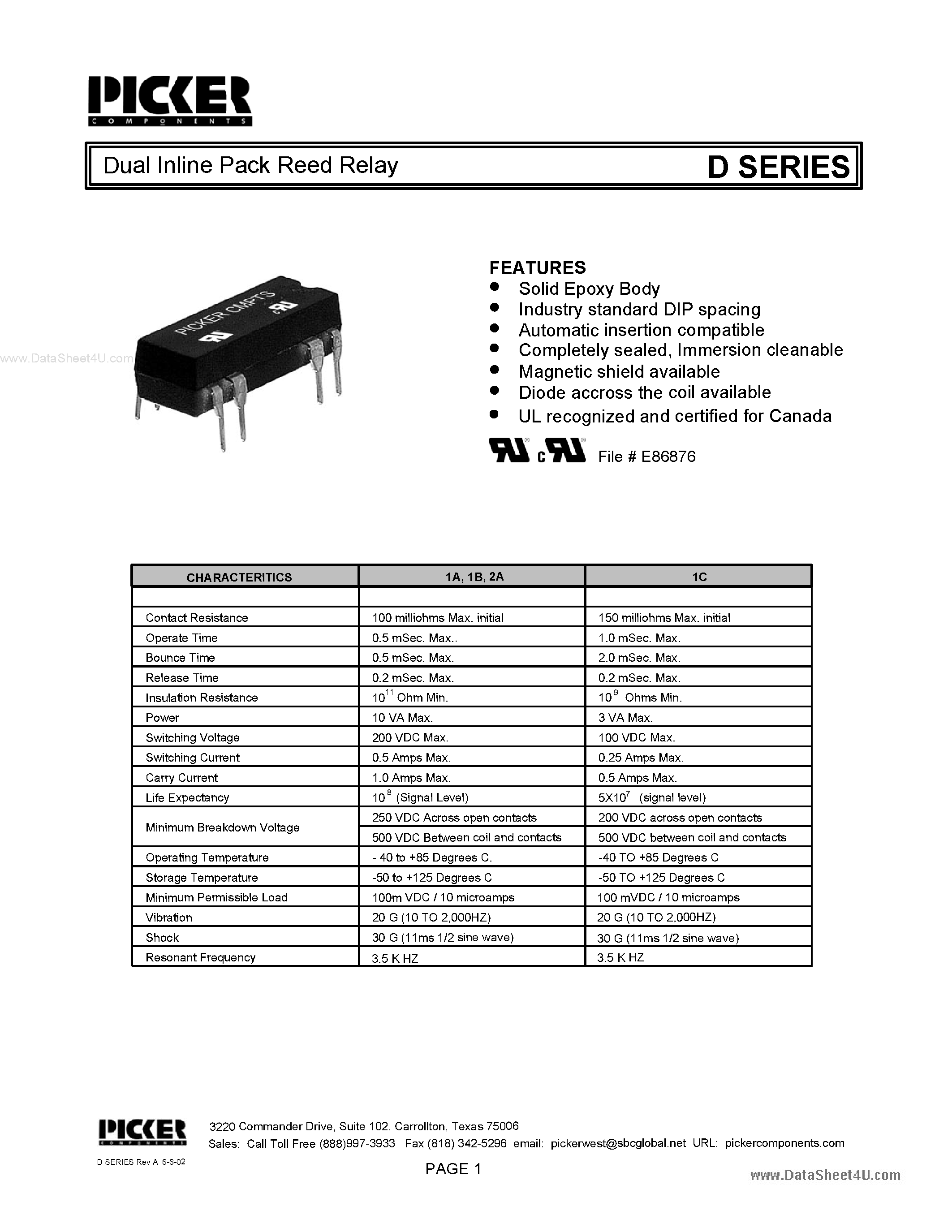 Даташит на микросхему D1A050000 страница 1 Даташит D1A050000 - Dual Inline Pack Reed Relay страница 1