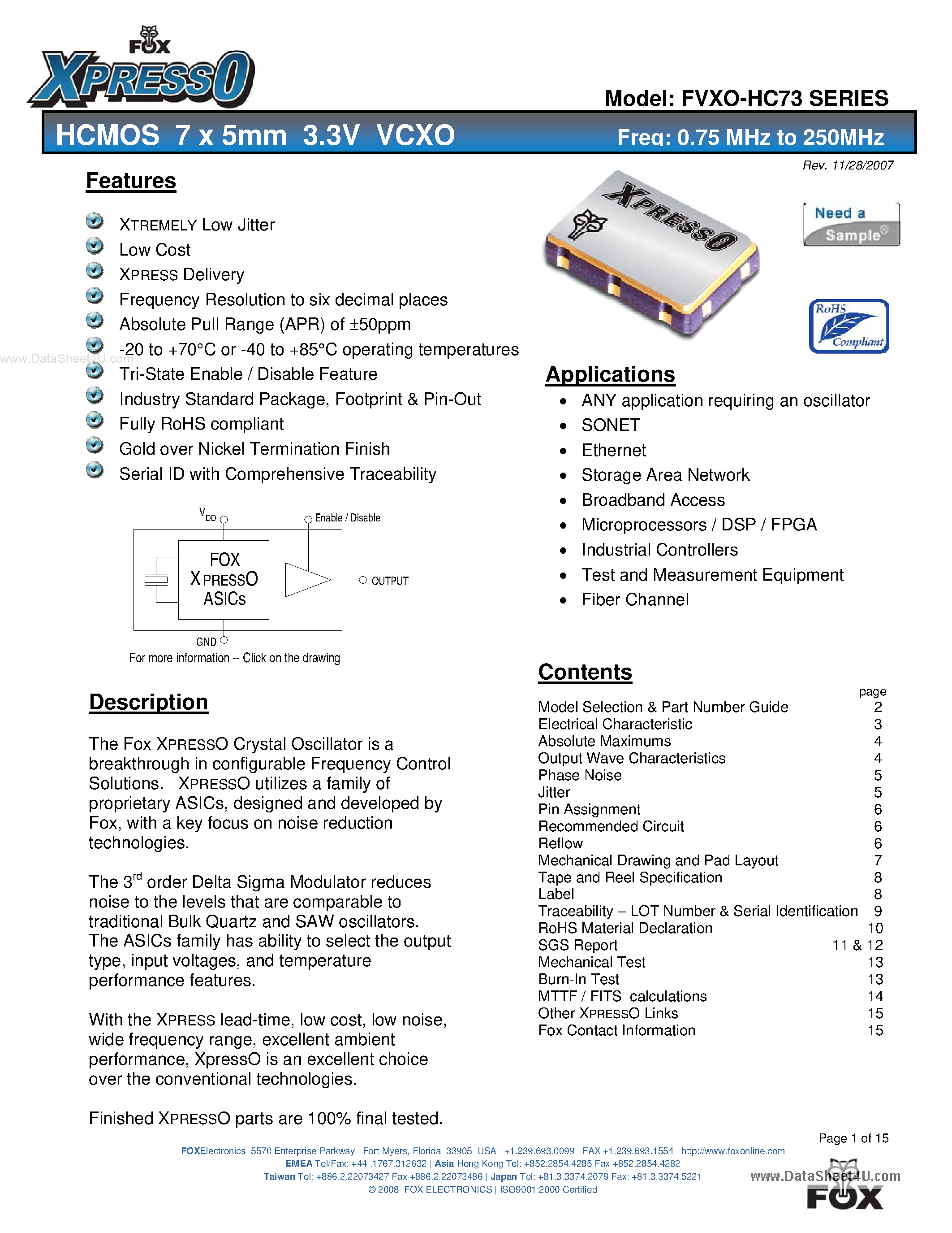 Datasheet FVXO-HC73 - HCMOS 7 x 5mm 3.3V VCXO page 1