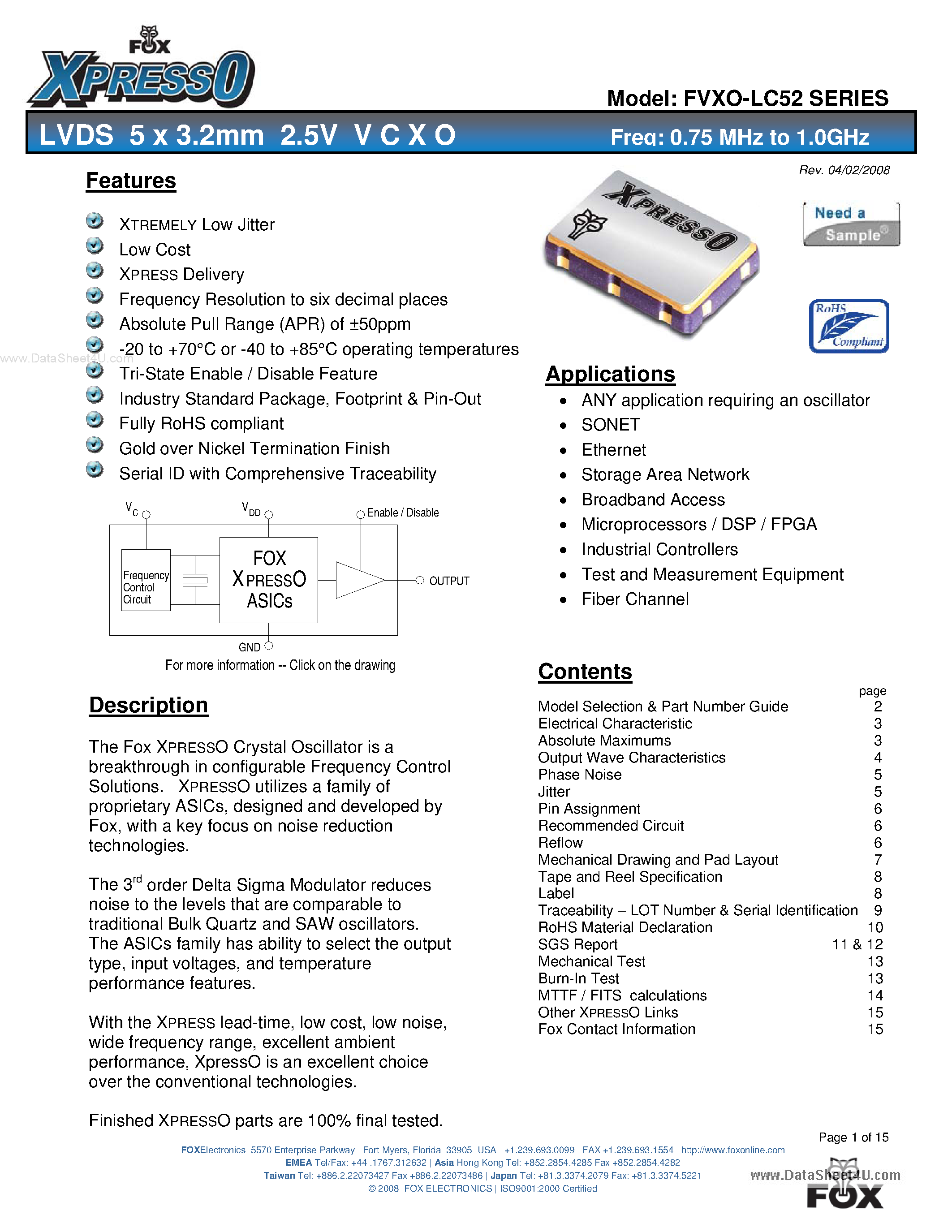 Datasheet FVXO-LC52 - LVDS 5 x 3.2mm 2.5V VCXO page 1