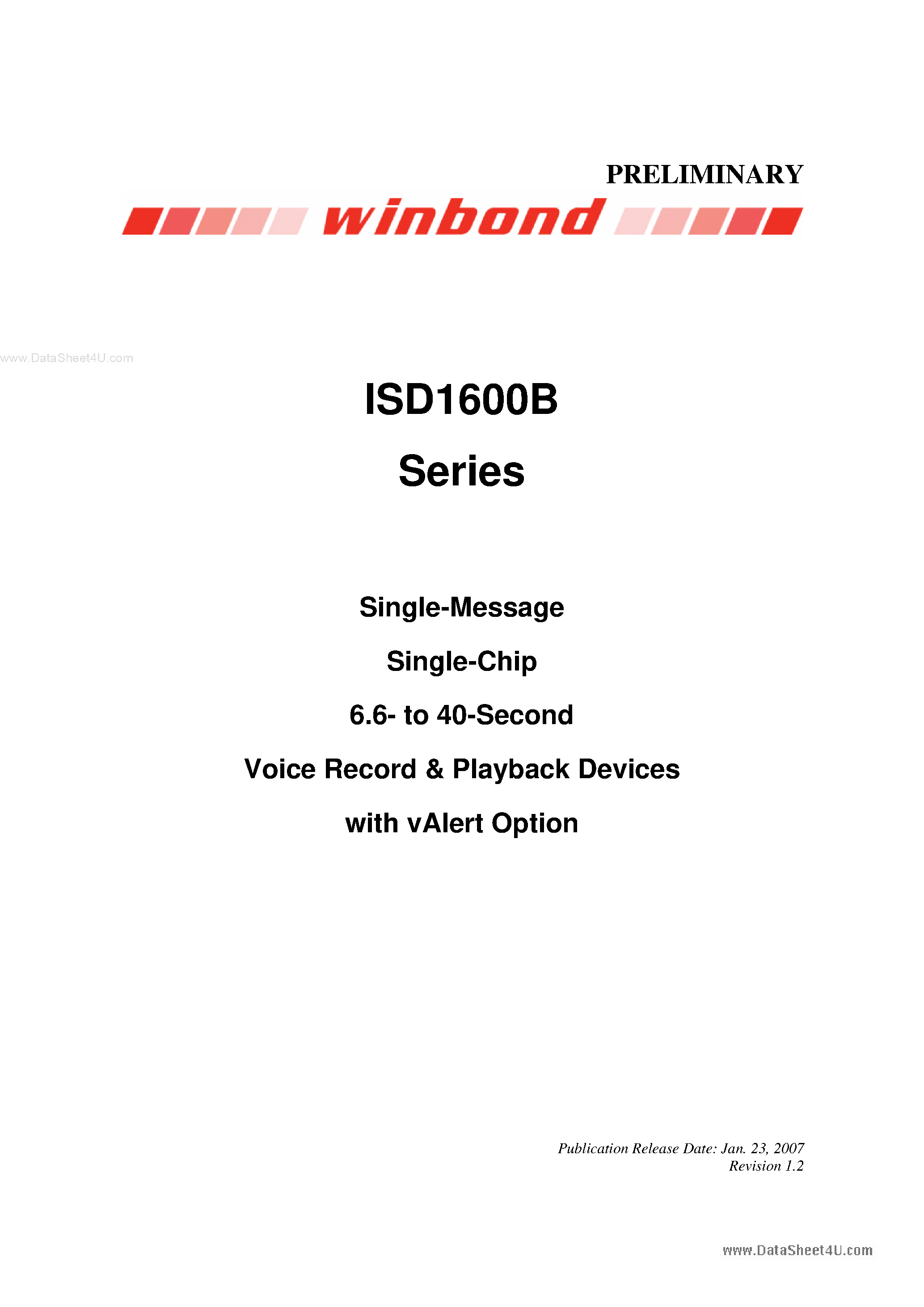 Datasheet ISD1600B - Single-Message Single-Chip 6.6- to 40-Second Voice Record & Playback Devices page 1