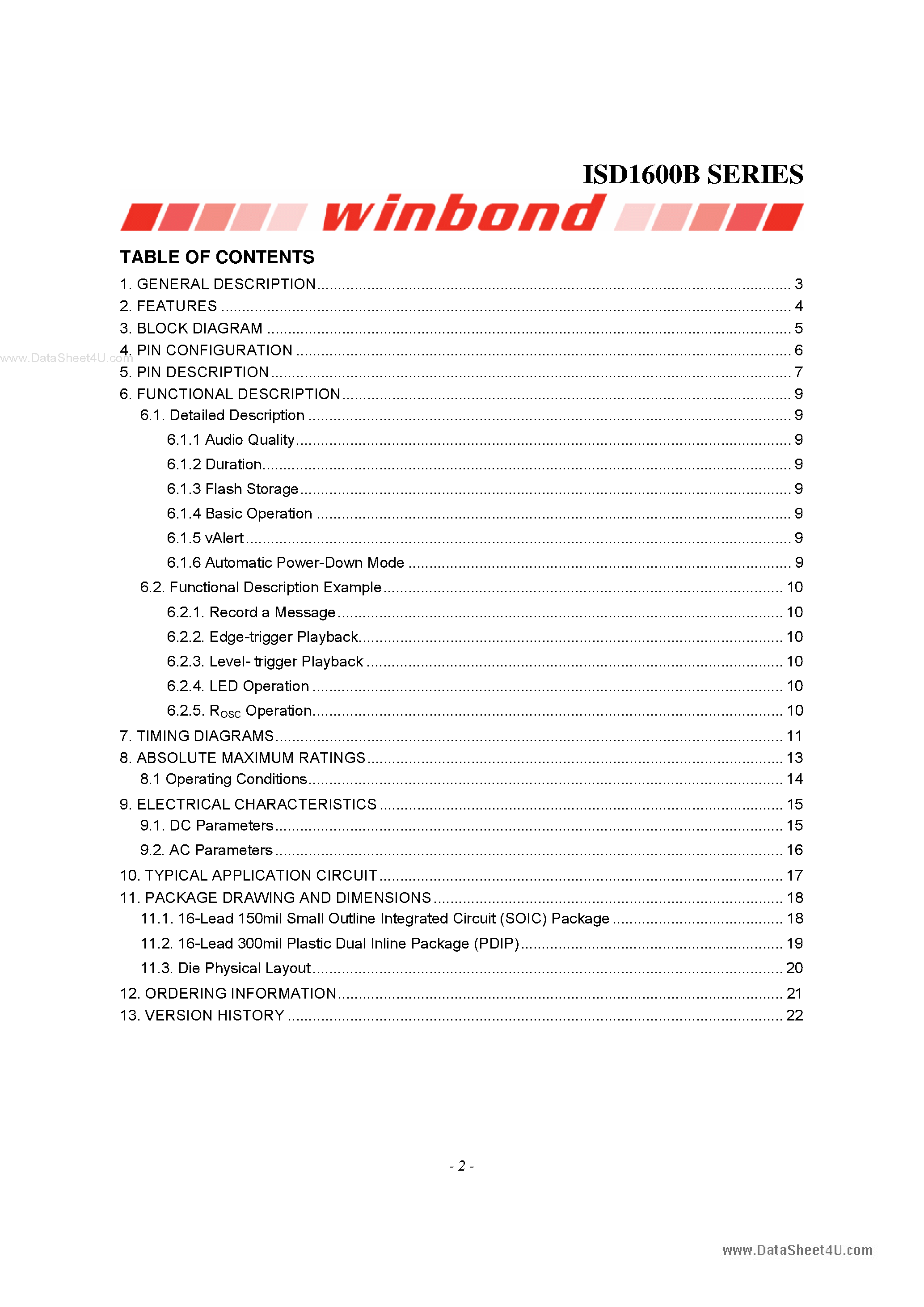 Datasheet ISD1600B - Single-Message Single-Chip 6.6- to 40-Second Voice Record & Playback Devices page 2
