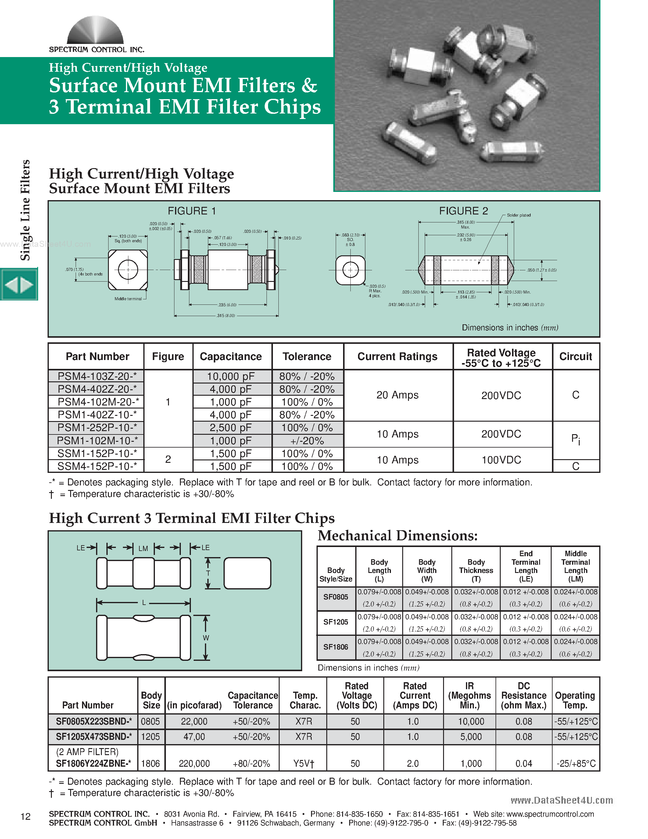 Datasheet SF0805X223SBND - High Current 3 Terminal EMI Filter Chips page 1