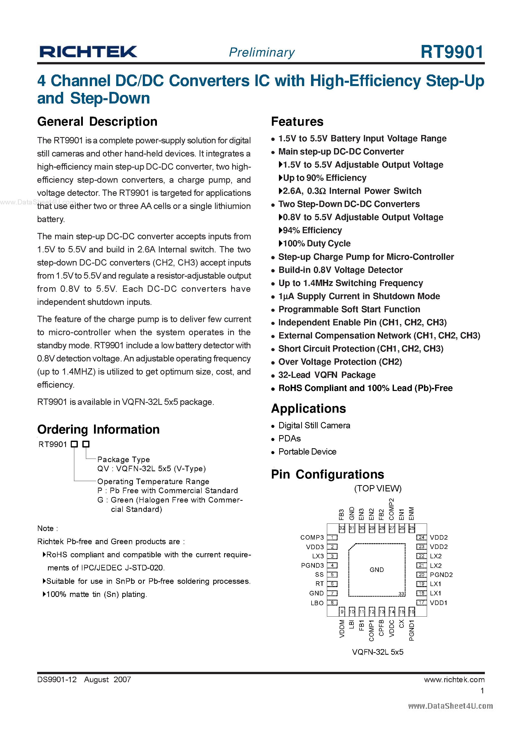 Datasheet RT9901 - 4 Channel DC/DC Converters IC page 1