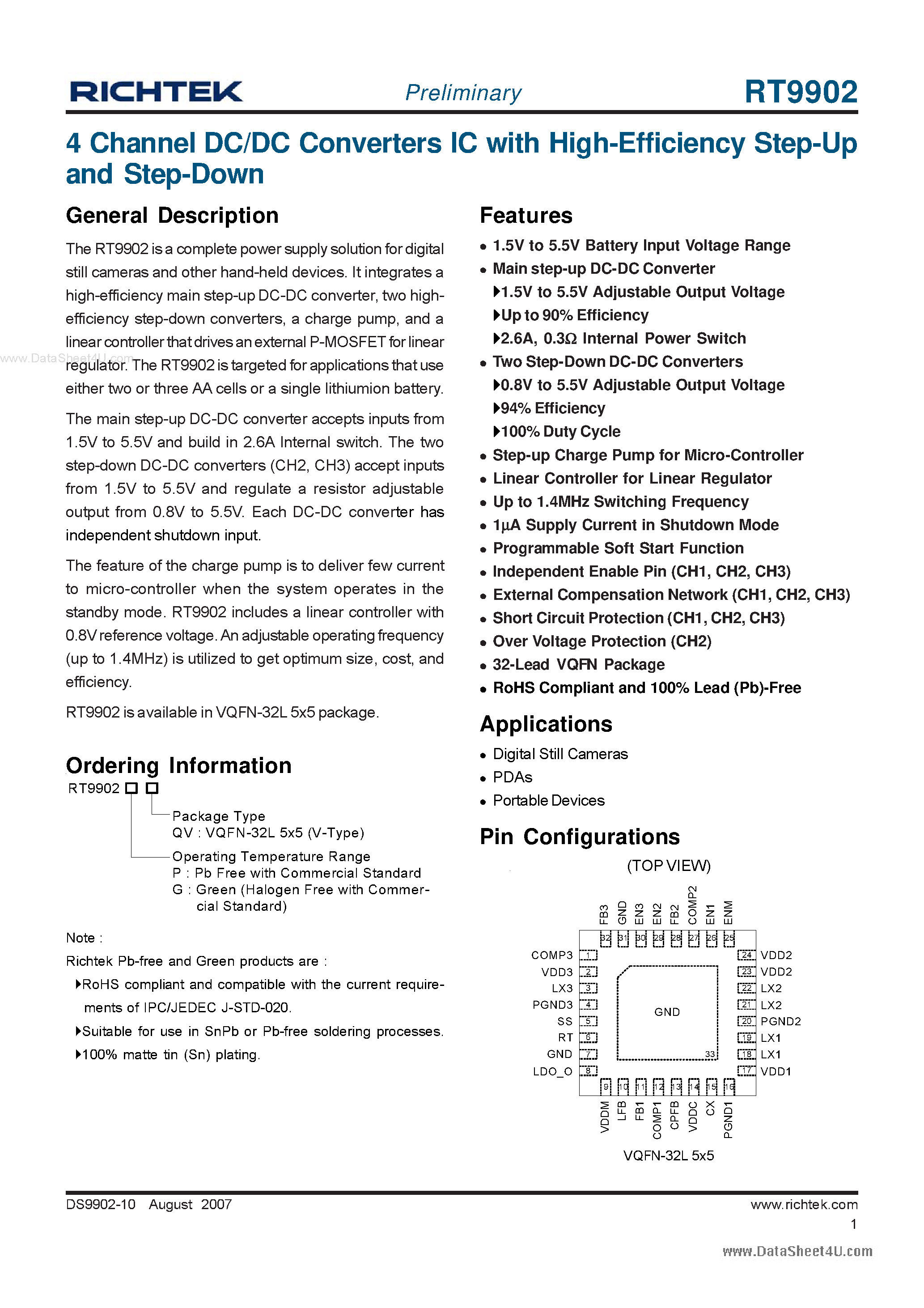 Datasheet RT9902 - 4 Channel DC/DC Converters IC page 1