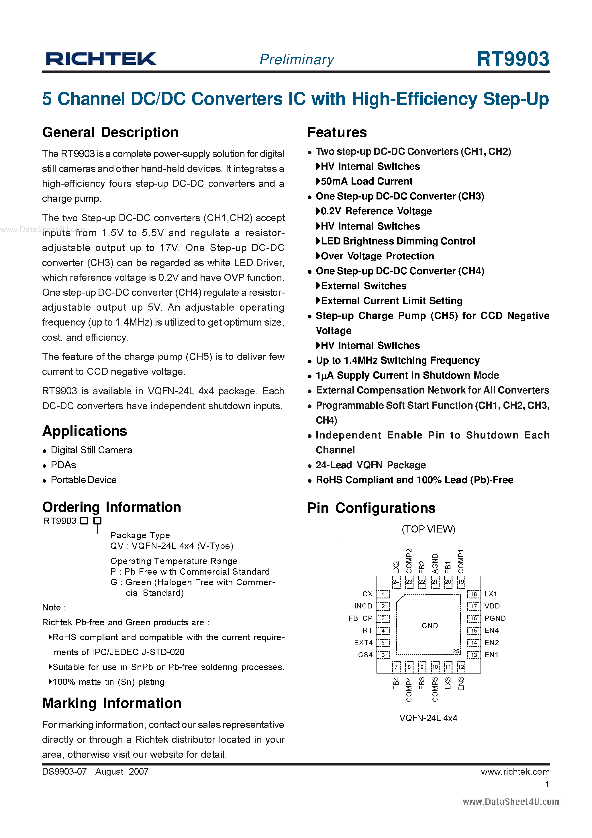 Datasheet RT9903 page 1 Datasheet RT9903 - 5 Channel DC/DC Converters IC page 1