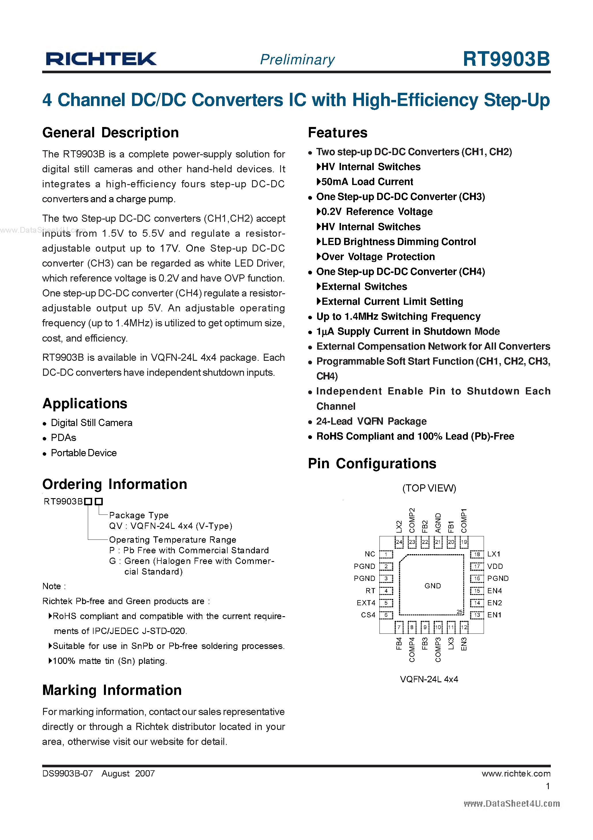 Datasheet RT9903B - 4 Channel DC/DC Converters IC page 1