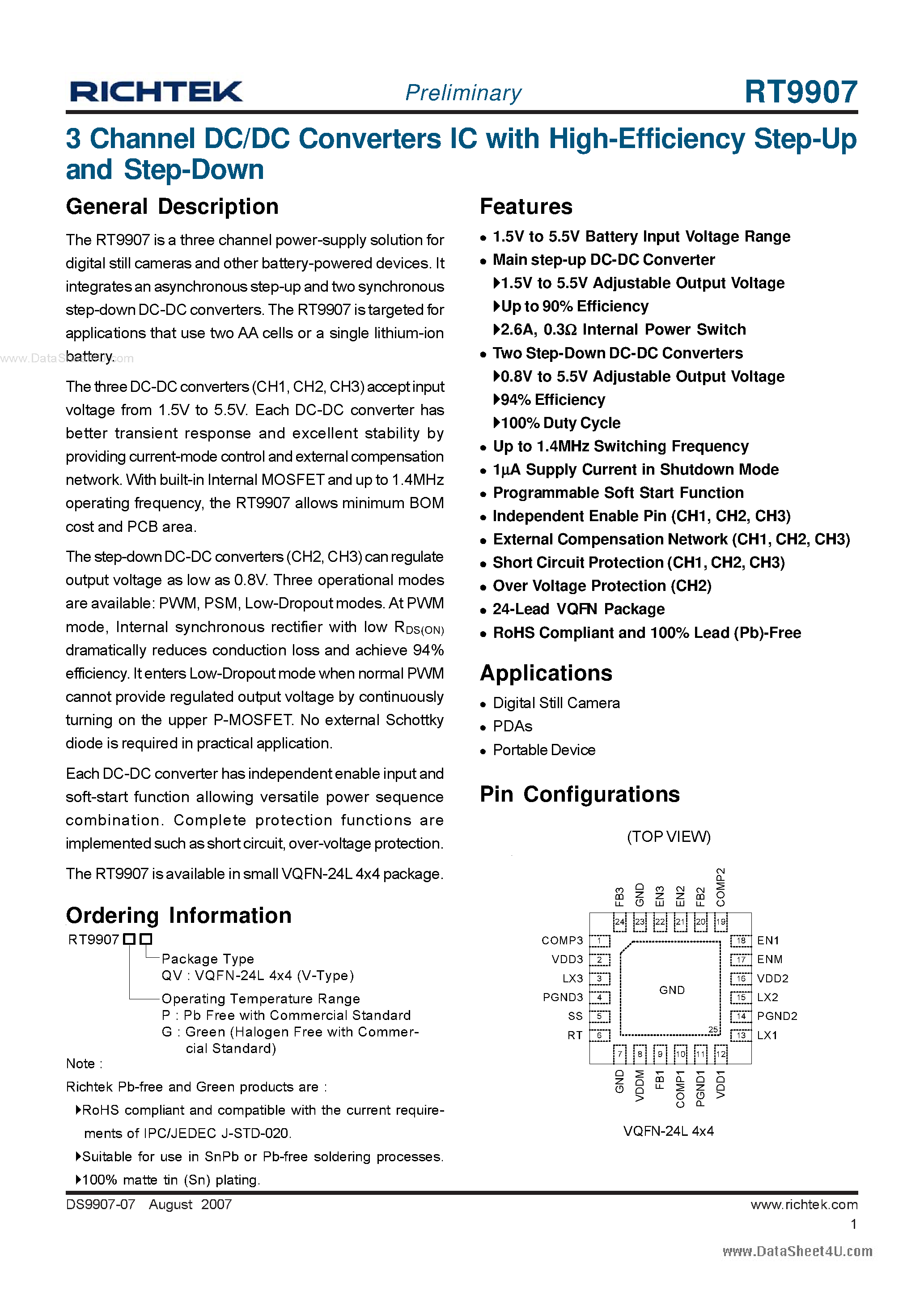 Datasheet RT9907 - 3 Channel DC/DC Converters IC page 1