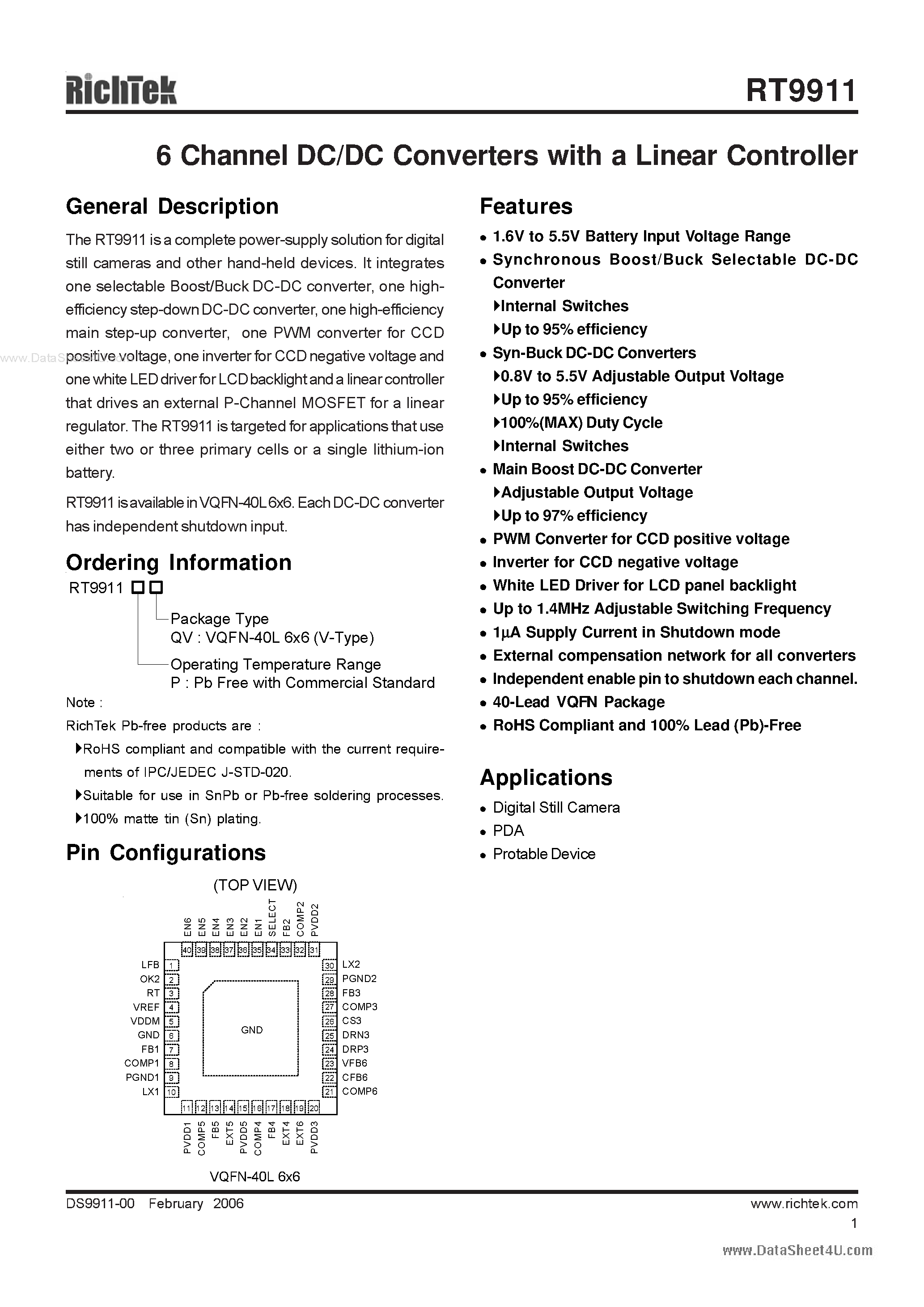 Datasheet RT9911 - 6 Channel DC/DC Converters page 1