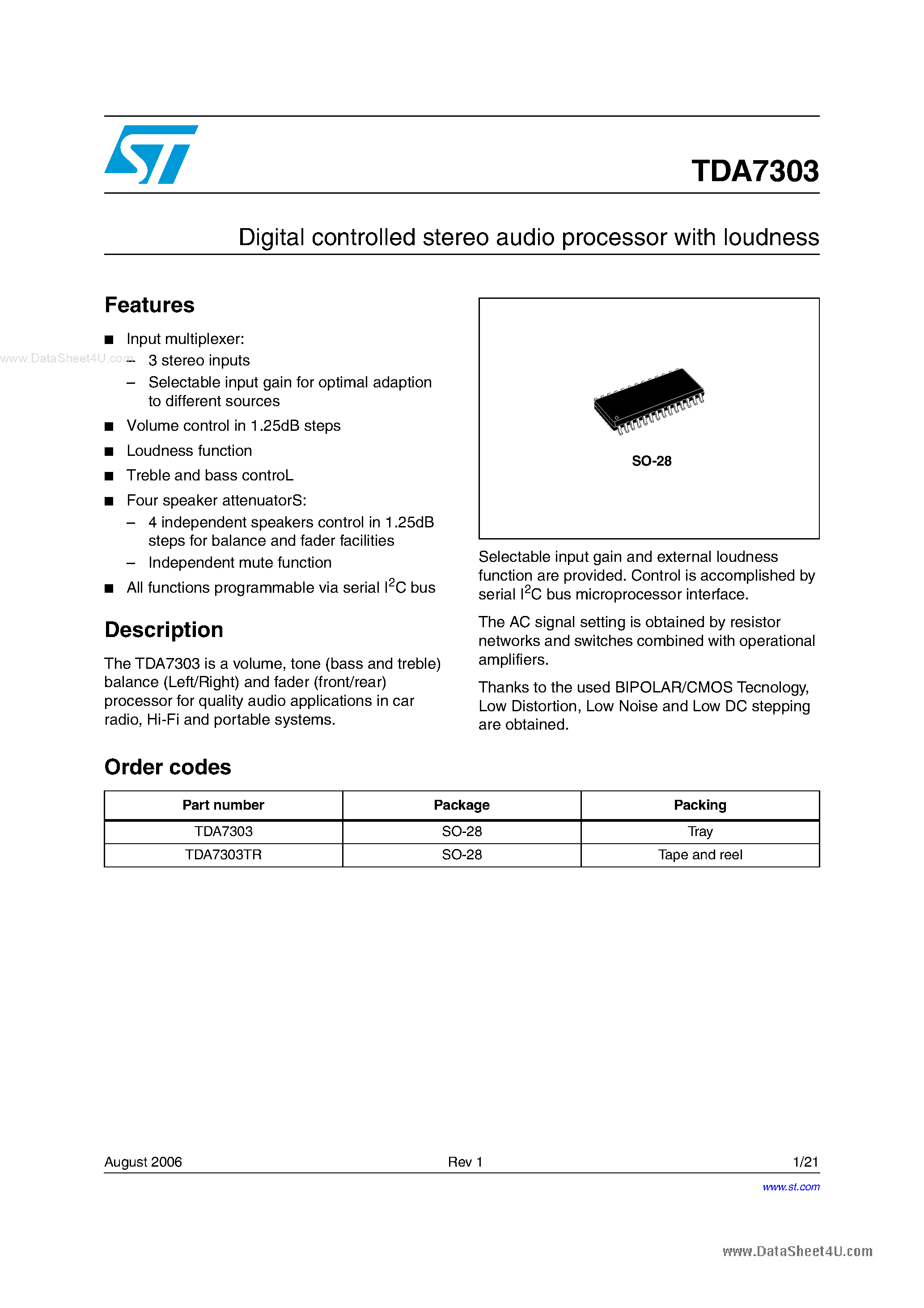 Datasheet TDA7303 - Digital controlled stereo audio processor page 1