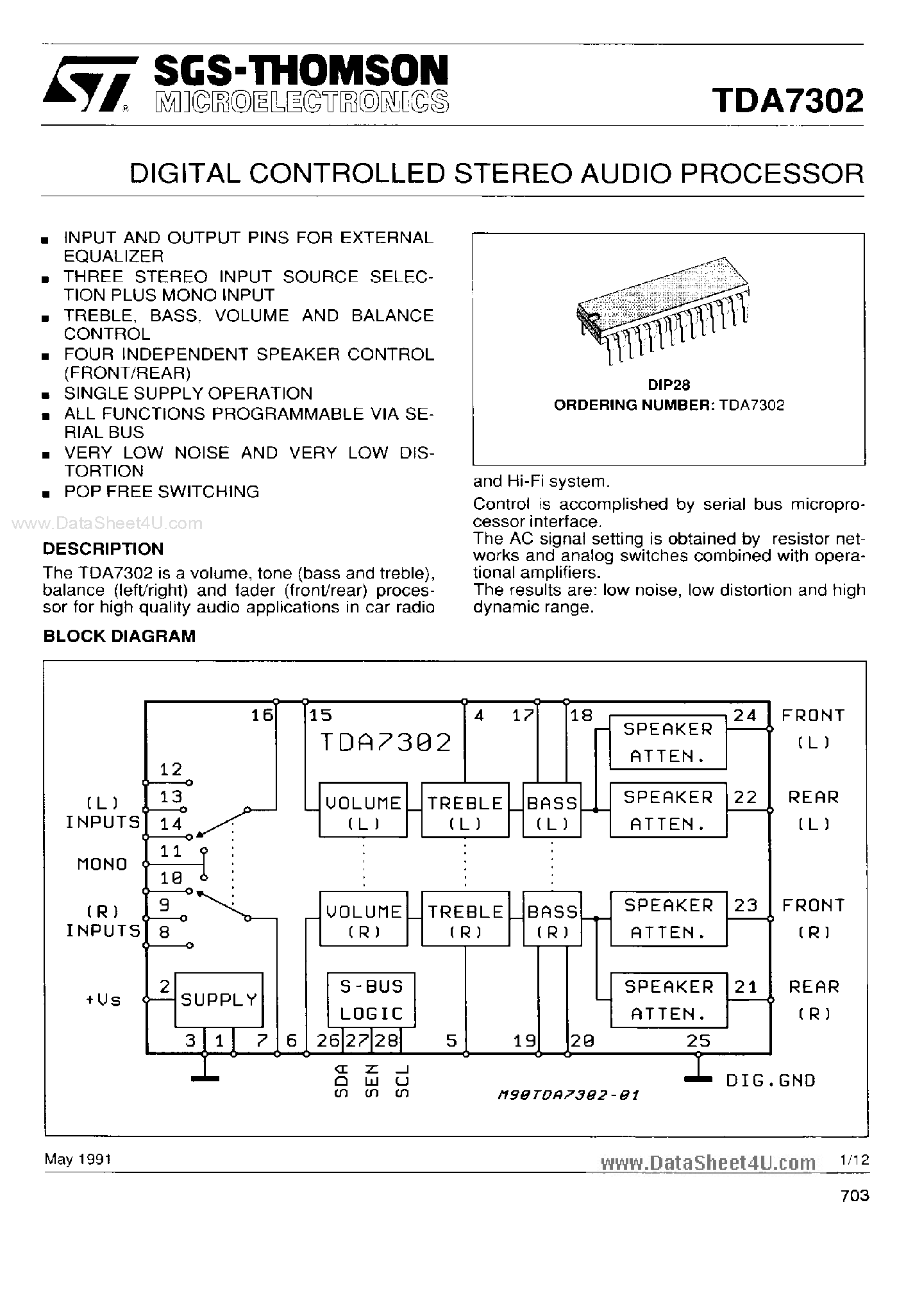 Datasheet TDA7302 page 1 Datasheet TDA7302 - DIGITAL CONTROLLED STEREO AUDIO PROCESSOR page 1