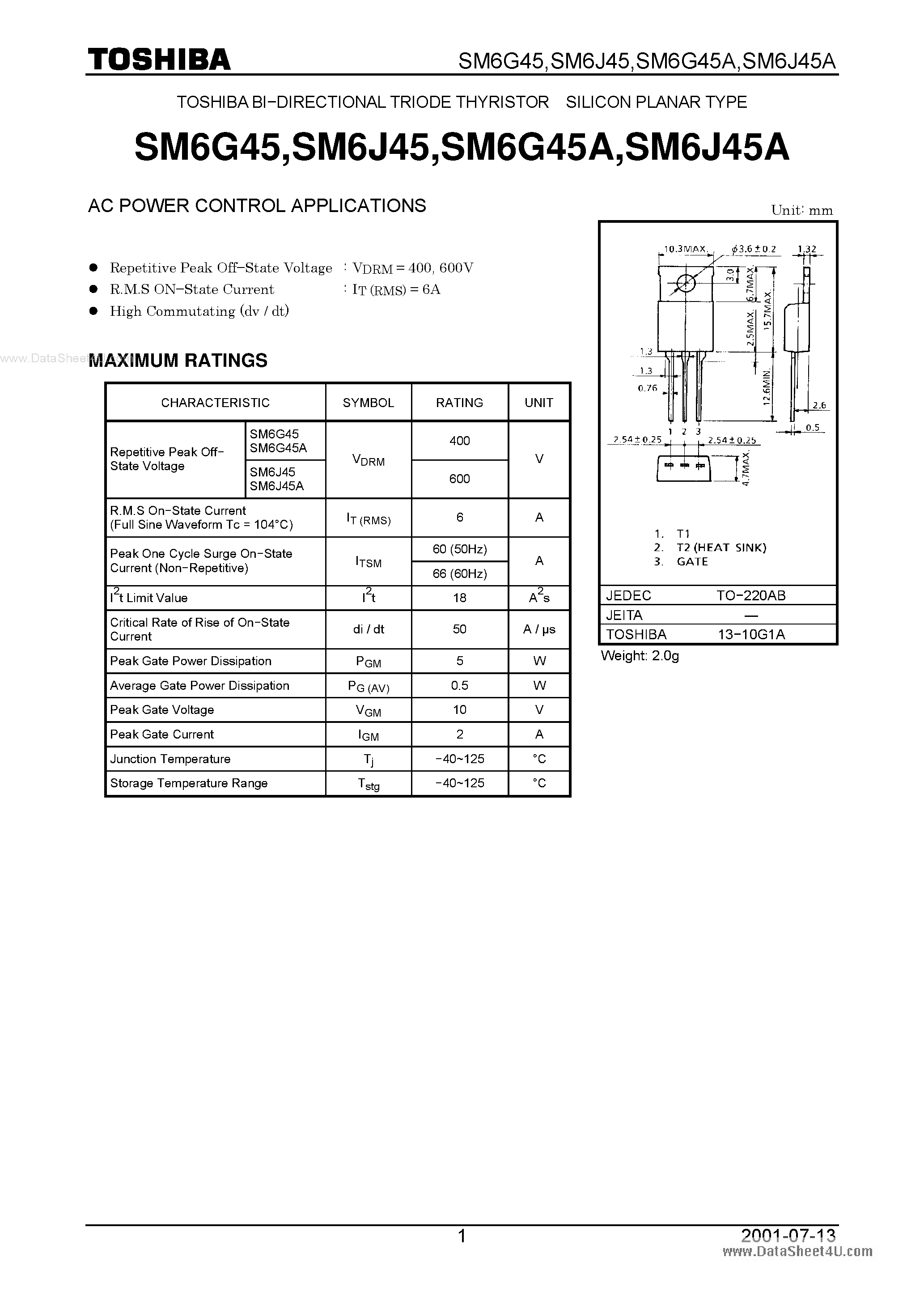 Datasheet SM6G45 page 1 Datasheet SM6G45 - BI-DIRECTIONAL TRIODE THYRISTOR SILICON PLANAR TYPE page 1