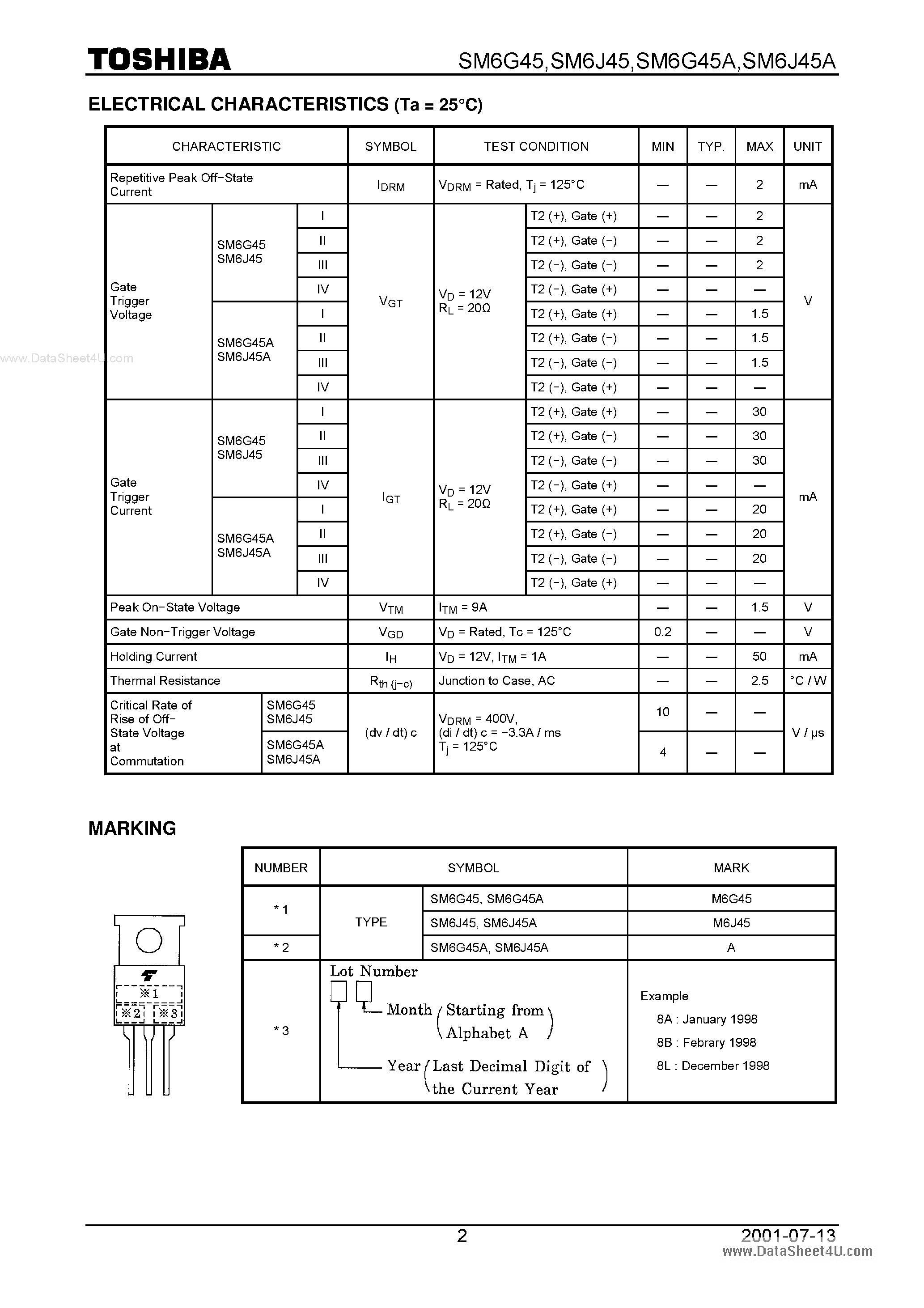 Datasheet SM6G45 page 2 Datasheet SM6G45 - BI-DIRECTIONAL TRIODE THYRISTOR SILICON PLANAR TYPE page 2