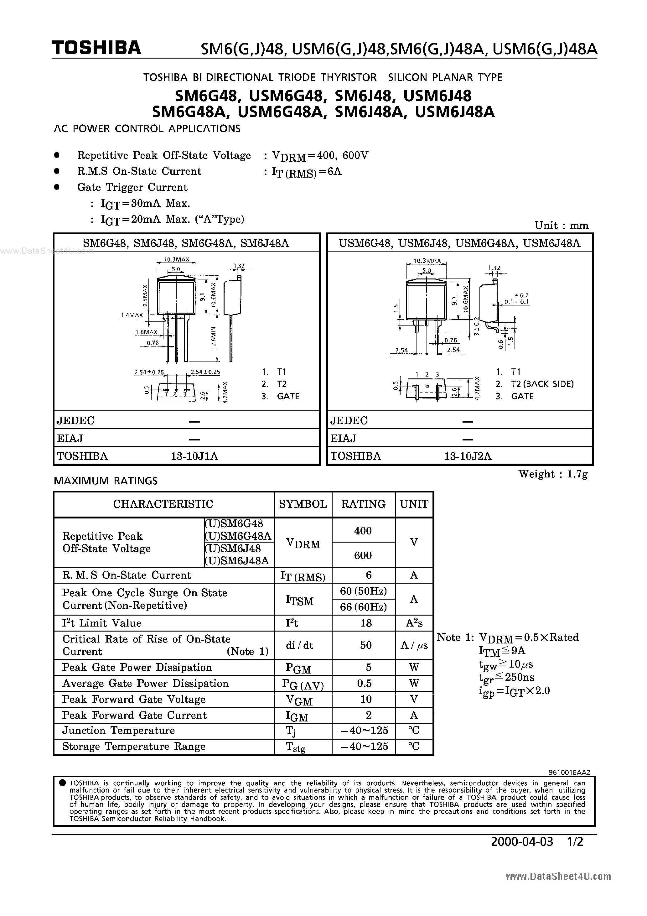 Datasheet SM6G48A page 1 Datasheet SM6G48A - AC POWER CONTROL APPLICATIONS page 1
