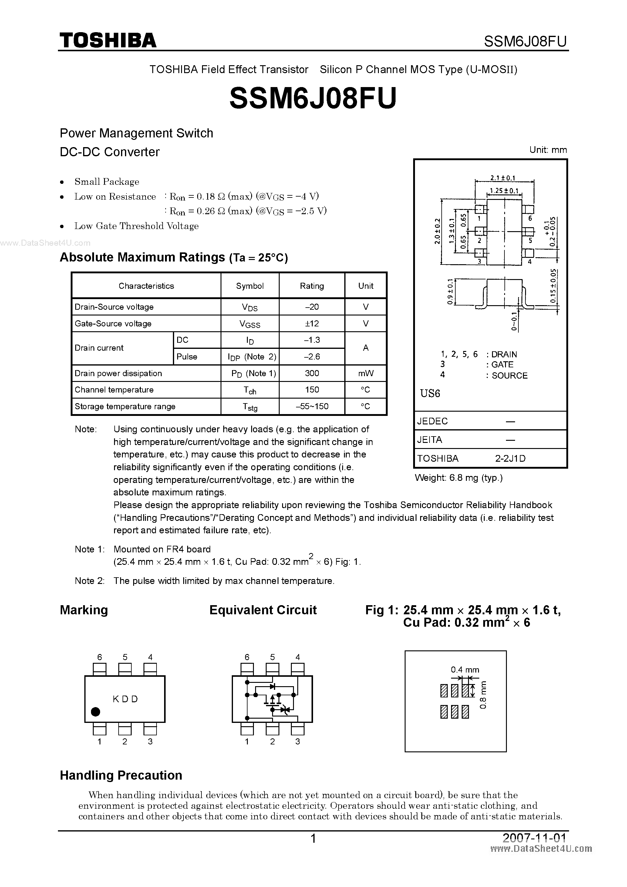 Datasheet SSM6J08FU - Power Management Switch page 1
