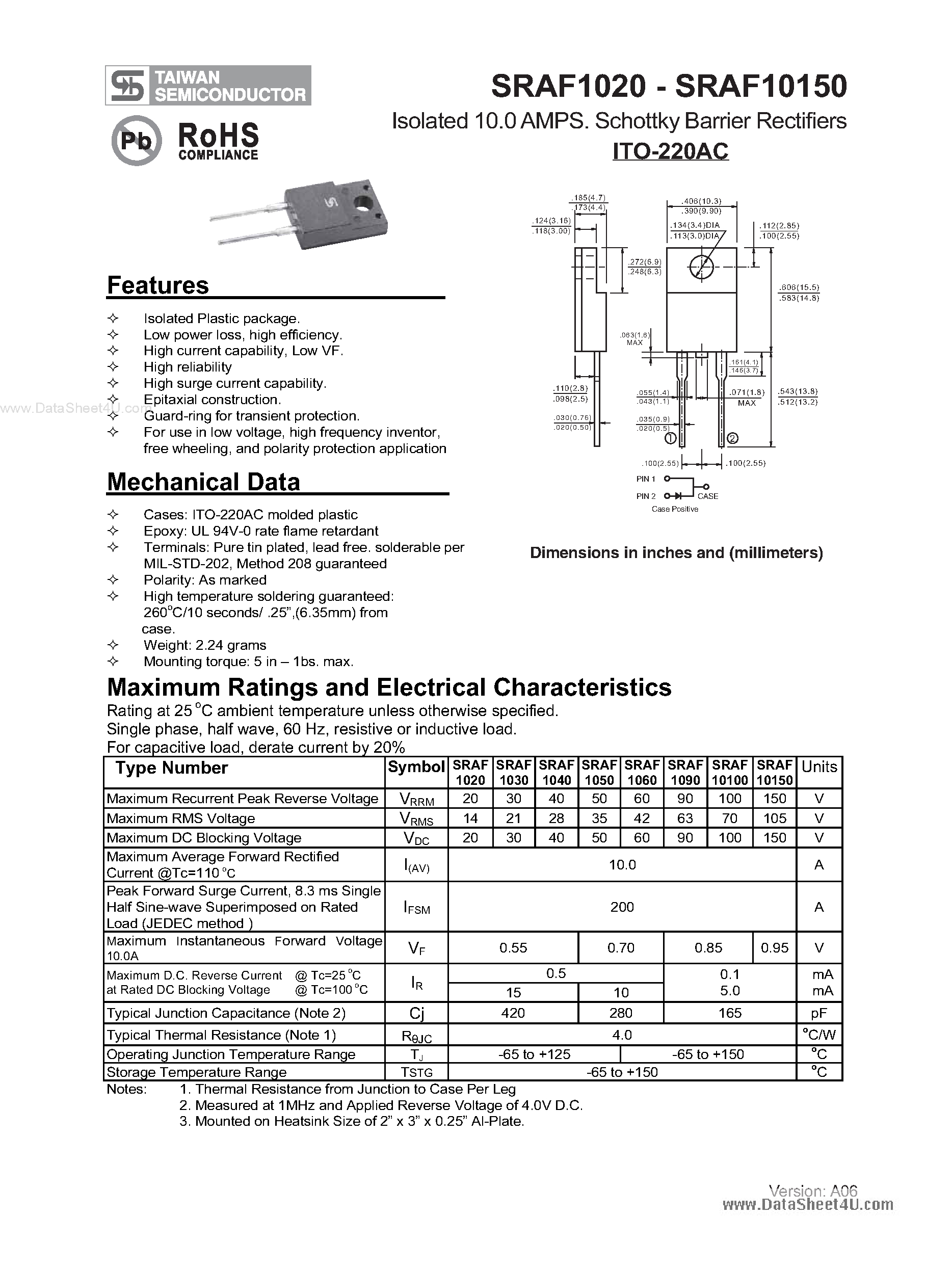 Datasheet SRAF10150 - (SRAF1020 - SRAF10150) Schottky Barrier Rectifiers page 1