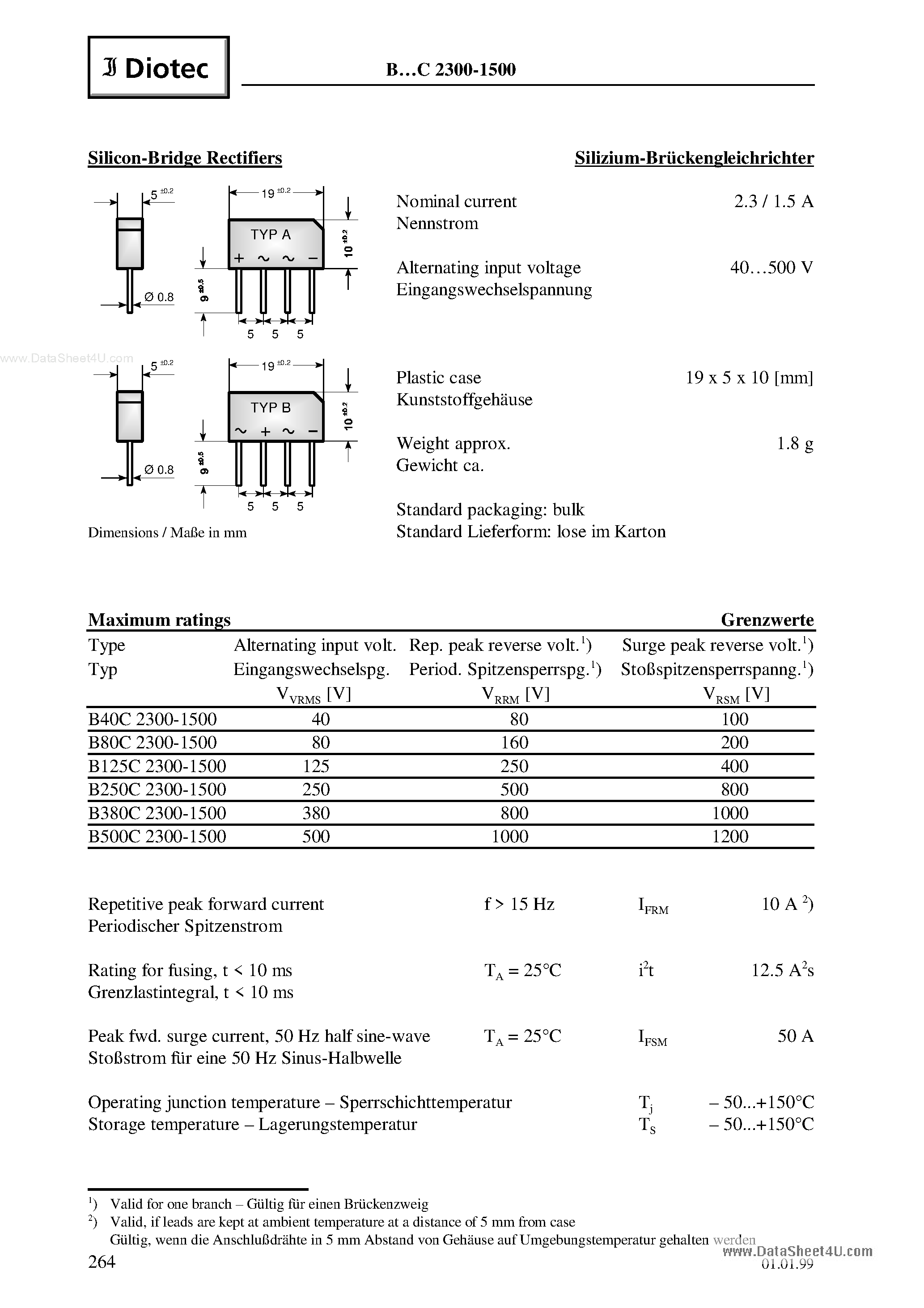 Datasheet B500C2300-1500 page 1 Datasheet B500C2300-1500 - Silicon-Bridge Rectifiers page 1