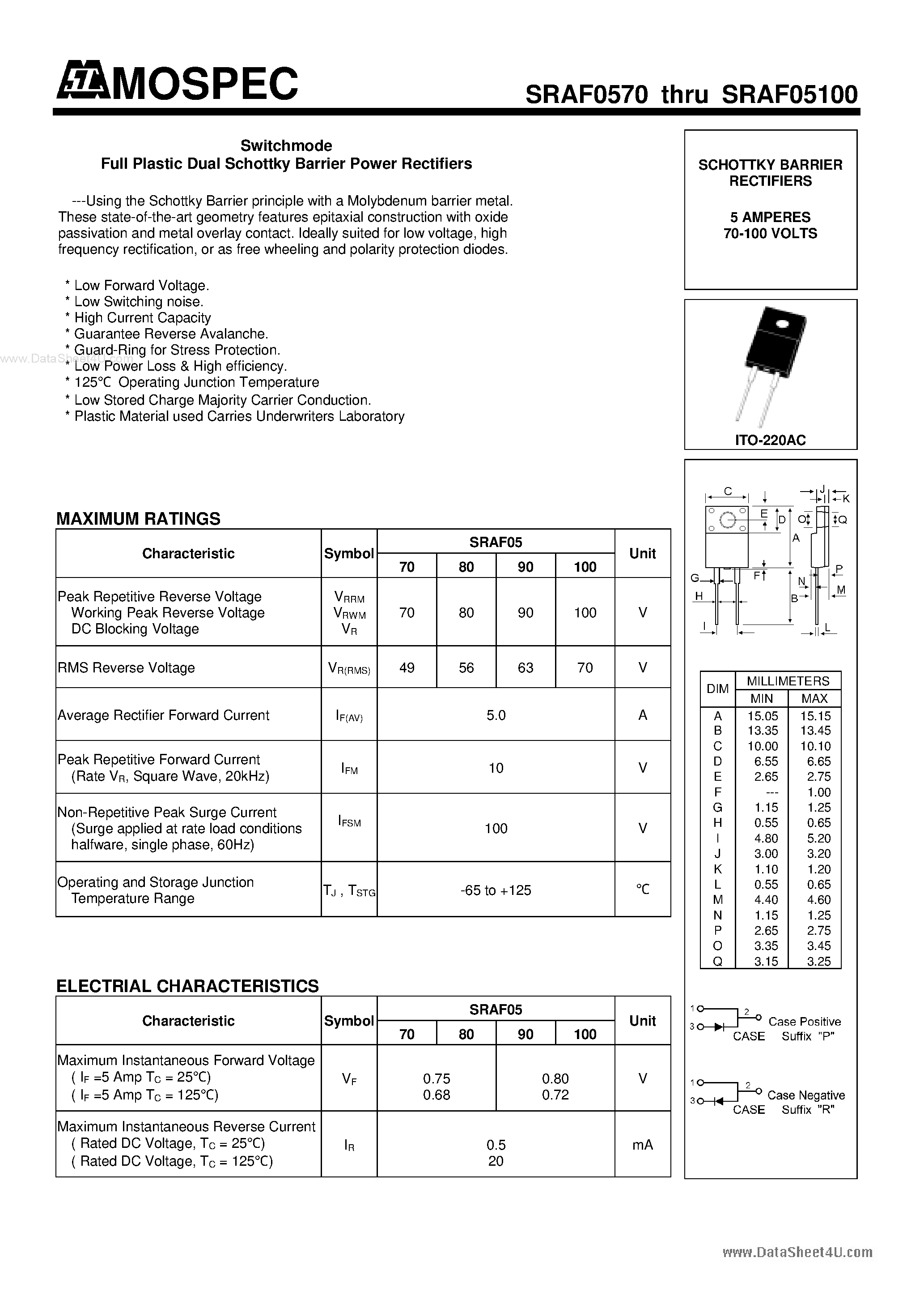 Datasheet SRAF05100 - (SRAF0570 - SRAF05100) Switchmode Full Plastic Dual Schottky Barrier Power Rectifiers page 1