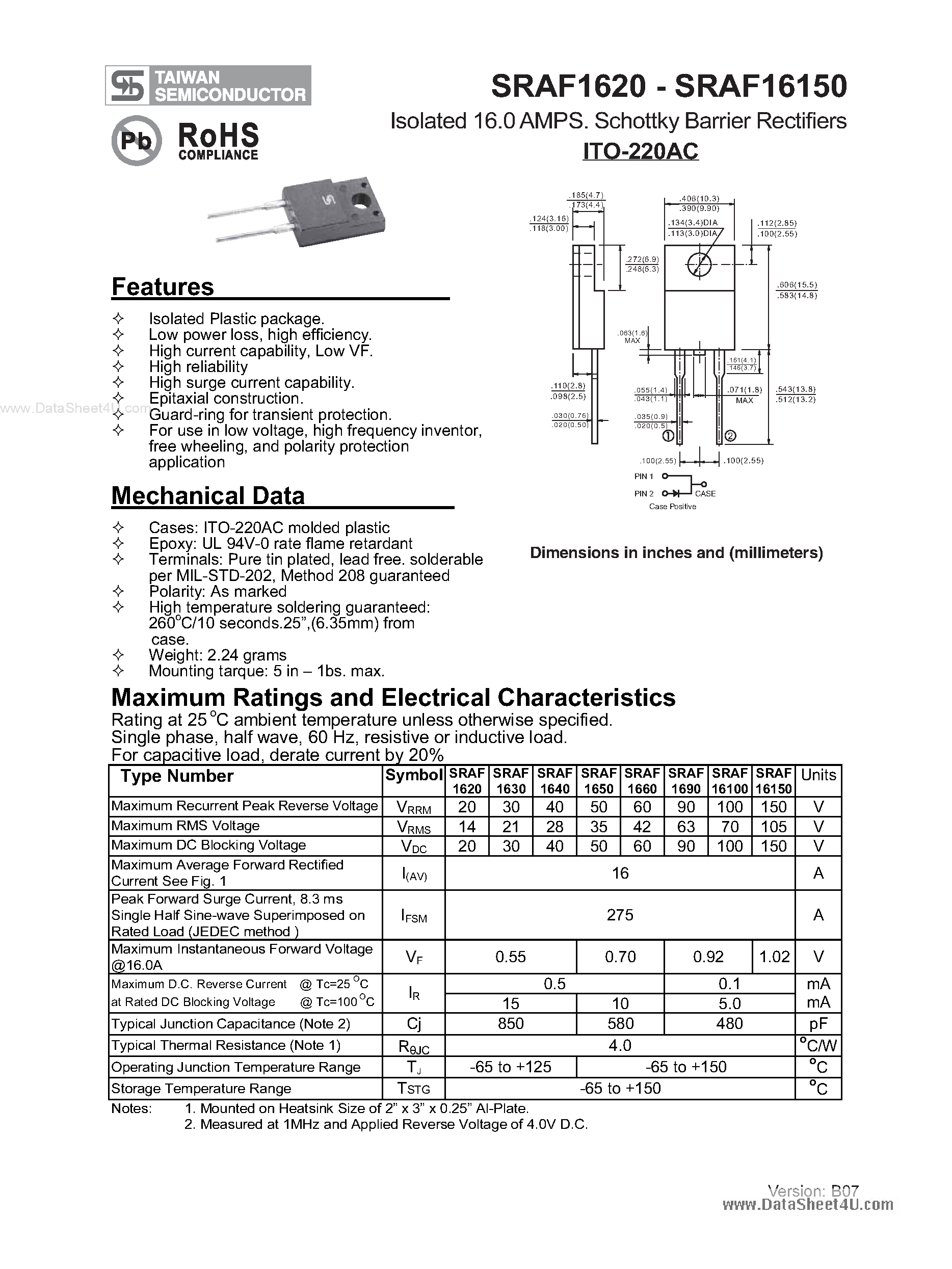 Datasheet SRAF16100 - (SRAF1620 - SRAF16150) Schottky Barrier Rectifiers page 1