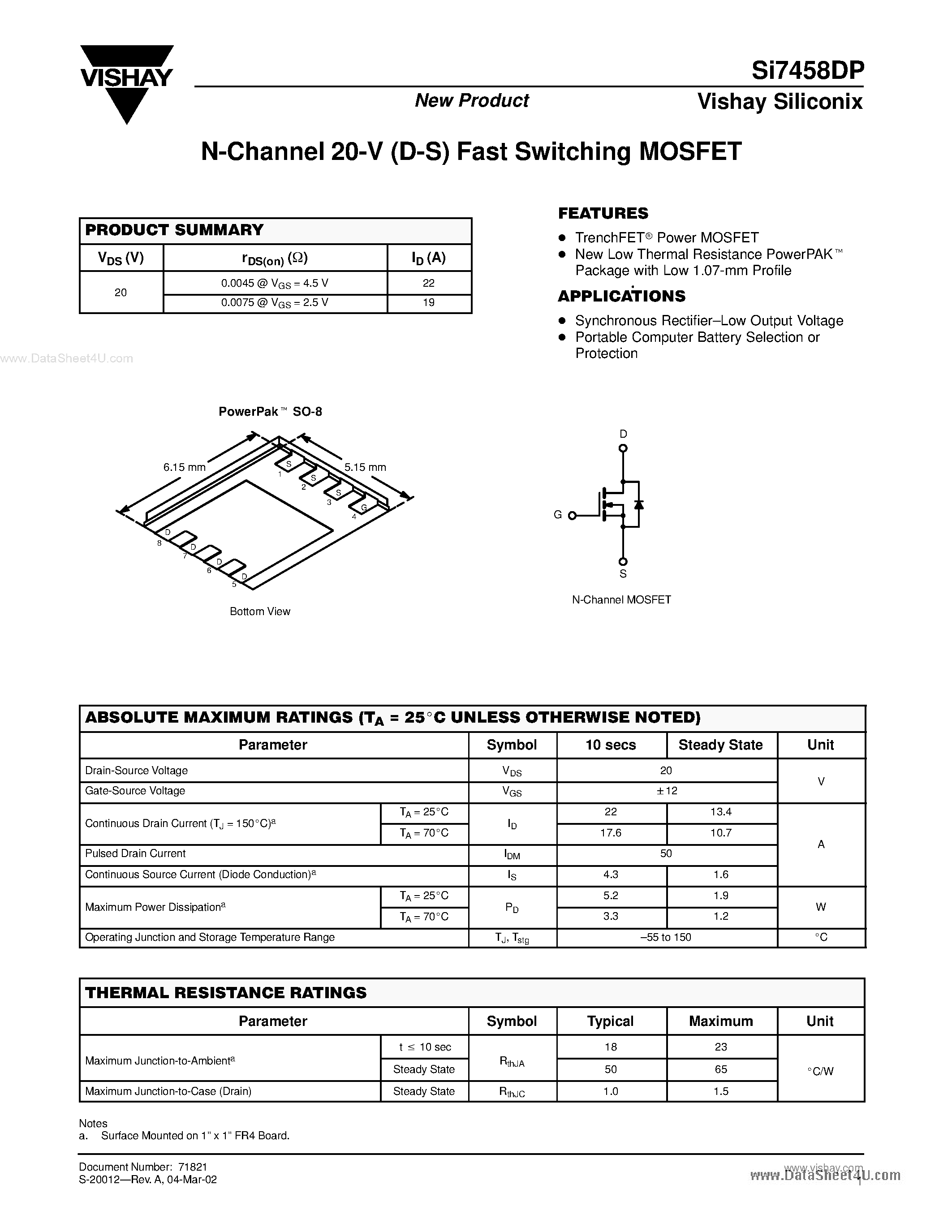 Даташит SI7458DP - N-Channel 20-V (D-S) Fast Switching MOSFET страница 1