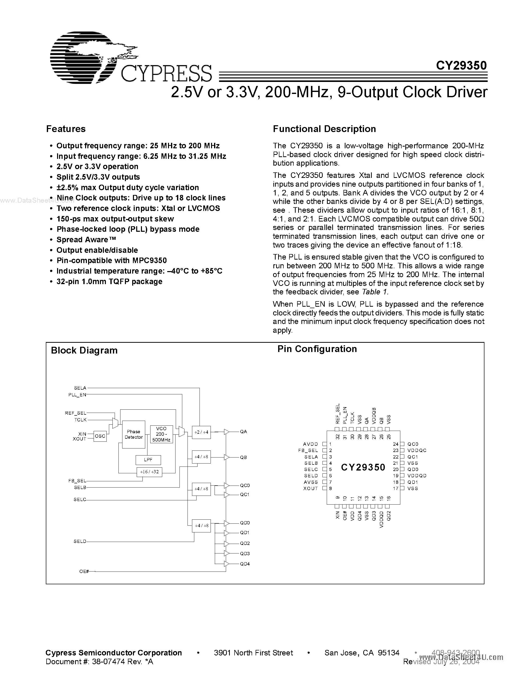 Даташит CY29350 - 9-Output Clock Driver страница 1