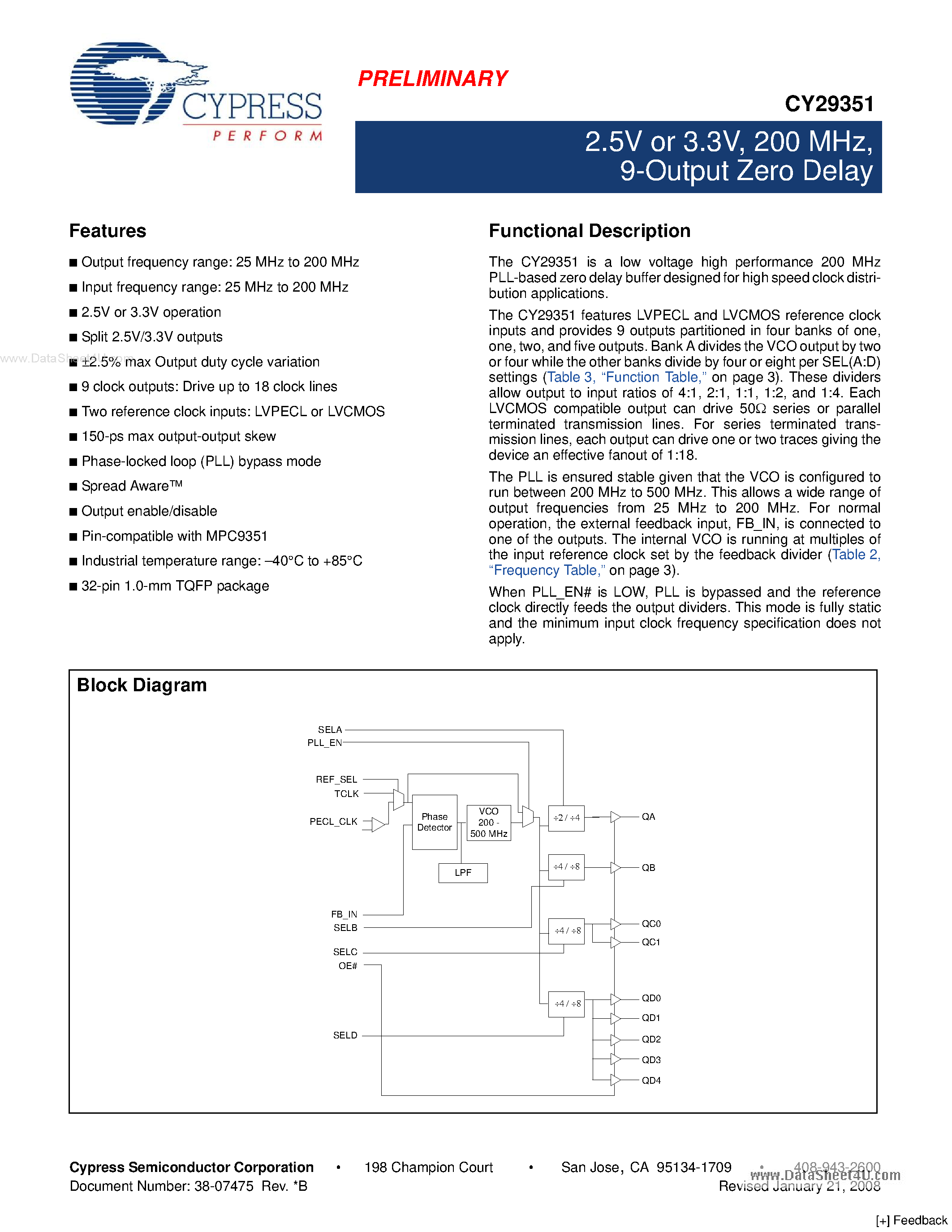 Даташит CY29351 - 9-Output Zero Delay страница 1