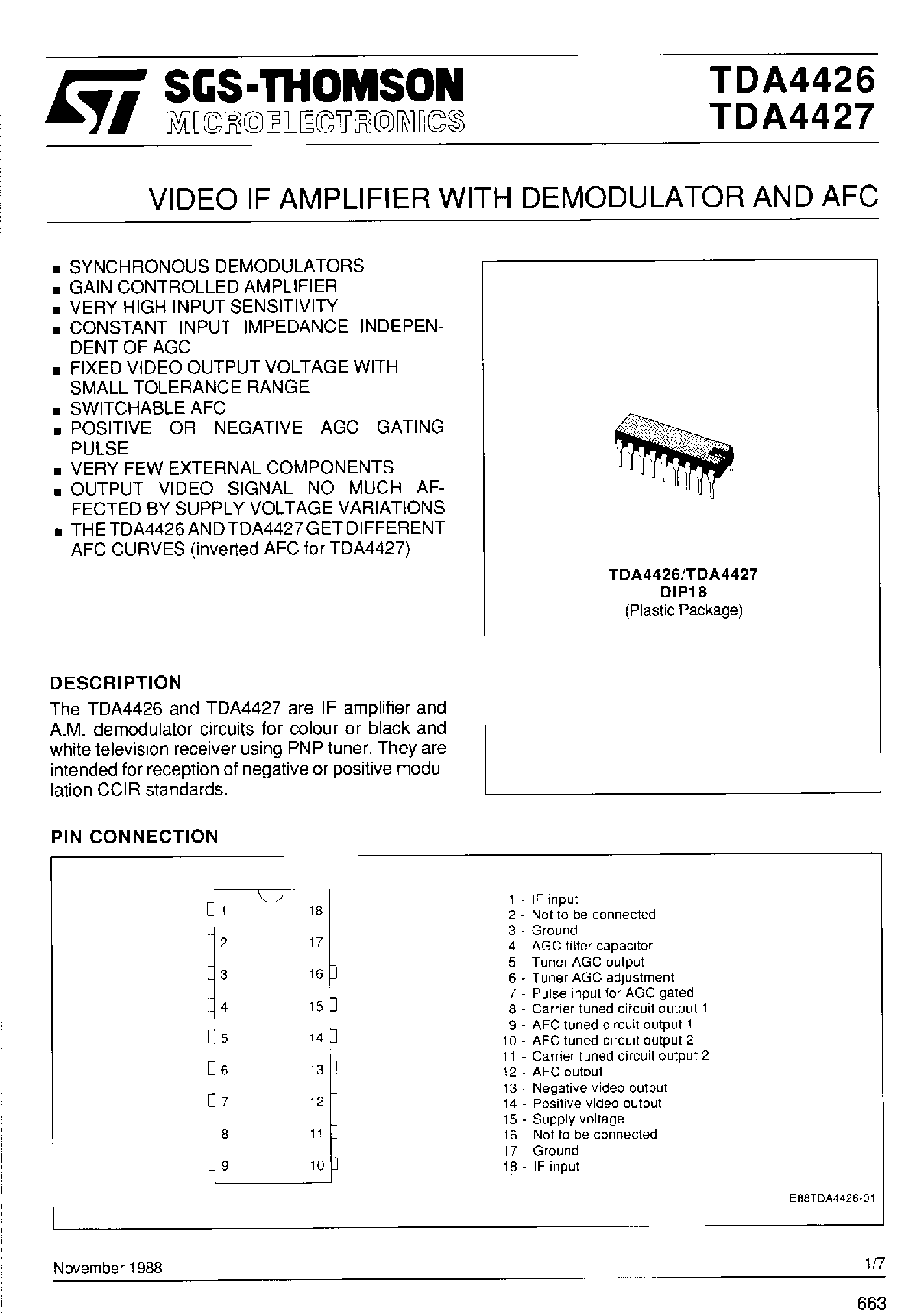 Datasheet TDA4426 - VIDEO IF Amplifier with Demodulator and AFC page 1